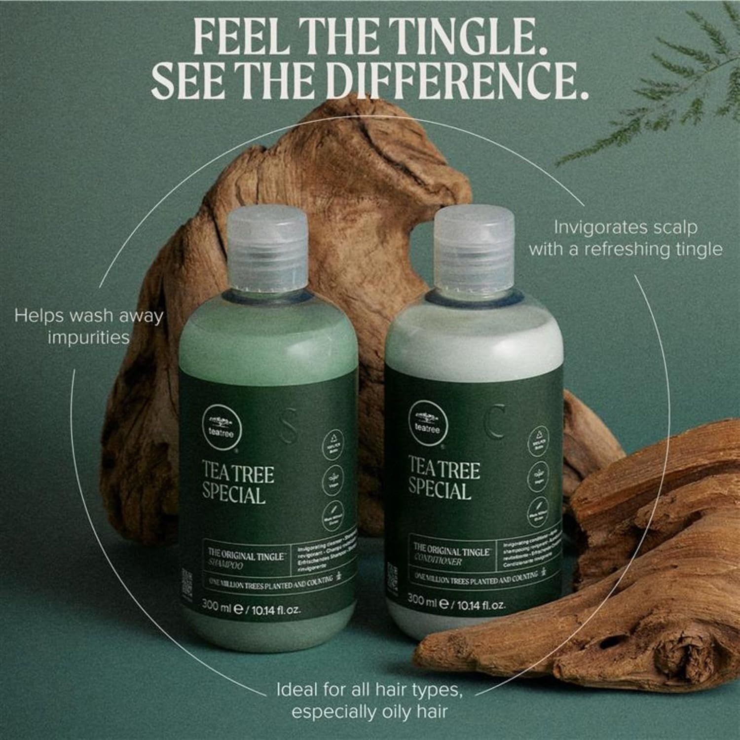 Communicates multiple distinct benefits of the tea tree shampoo and conditioner set through segmented callouts, highlighting the tingling sensation, cleansing…