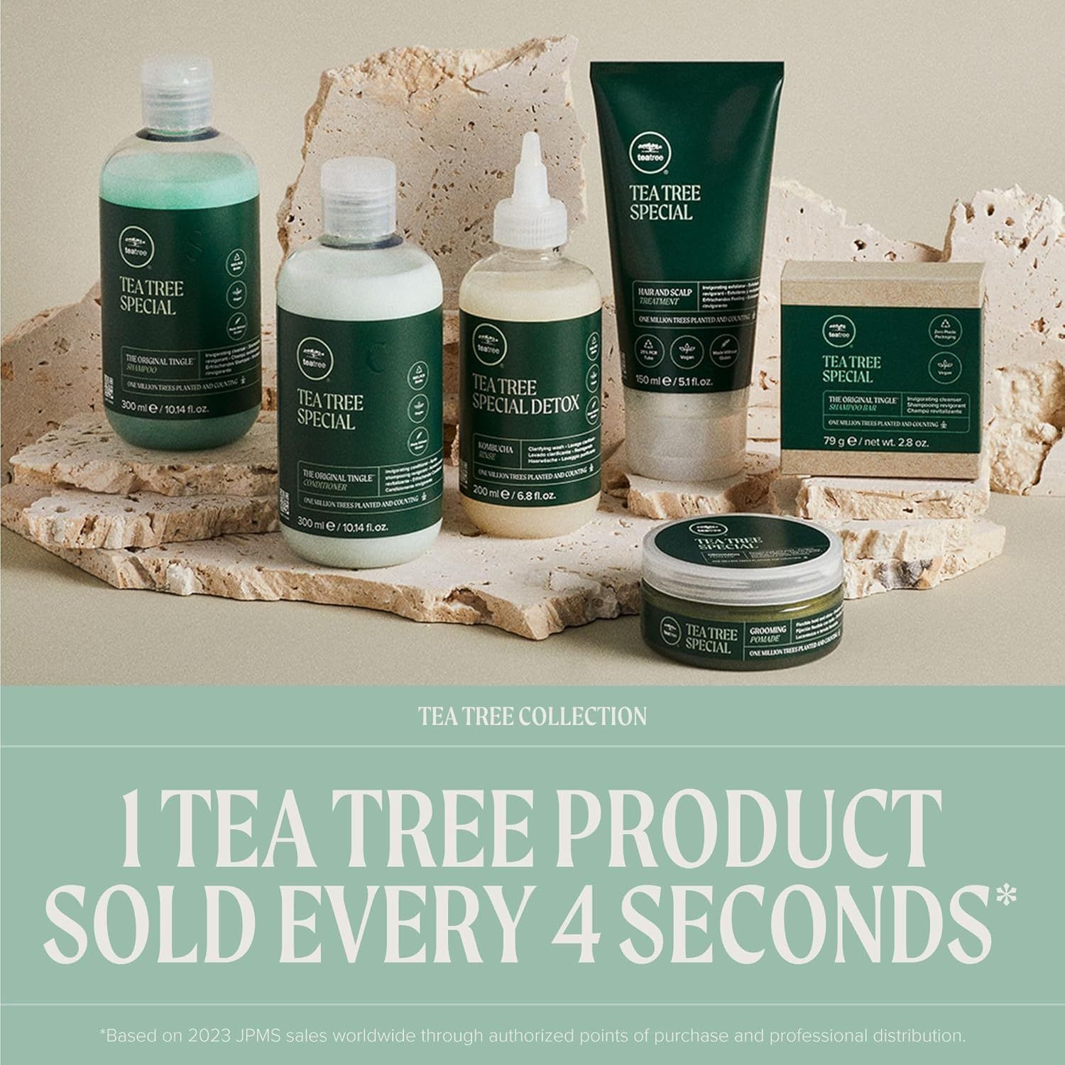 Communicates the brand's popularity and market success by highlighting that one tea tree product is sold every 4 seconds, building trust and social proof…