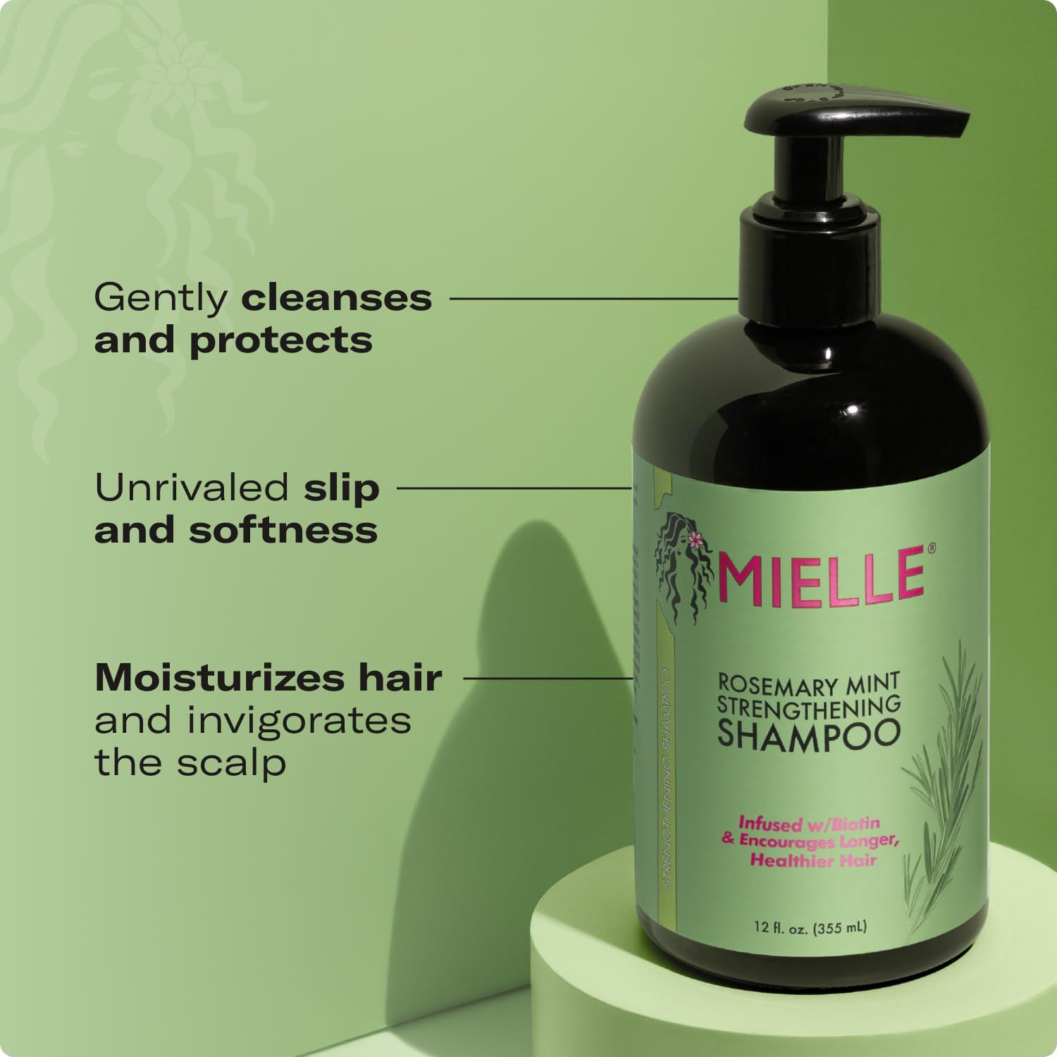 Communicates three distinct benefits of the shampoo in a segmented layout with callout lines, showing shoppers that the product delivers multiple hair care…