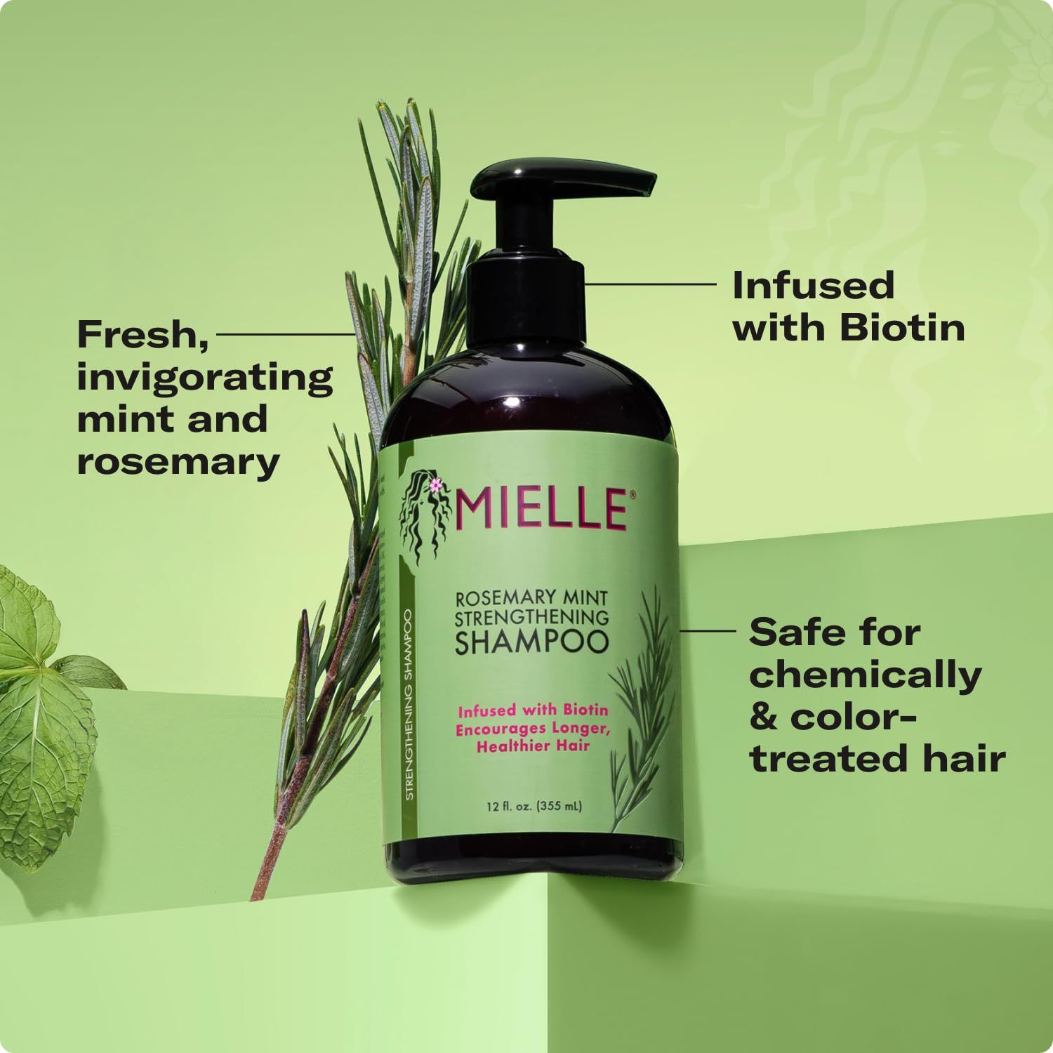Communicates multiple distinct product benefits in a segmented callout layout: the natural ingredients, biotin infusion for hair health, and safety for…