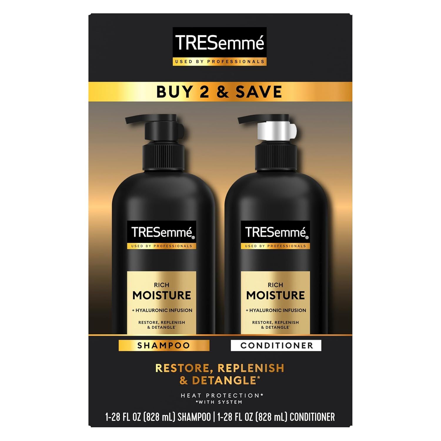 Showcases the TRESemmé Rich Moisture shampoo and conditioner as a coordinated product line with a promotional 'Buy 2 & Save' offer, encouraging shoppers to…