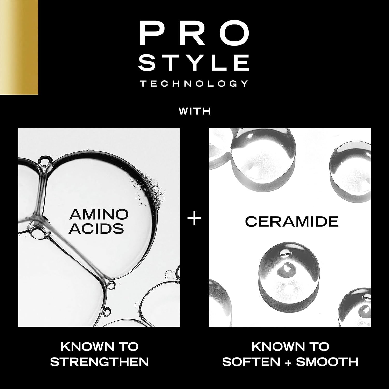 Communicates the product's Pro Style Technology by highlighting two key ingredients (amino acids and ceramide) and their distinct benefits—strengthening and…