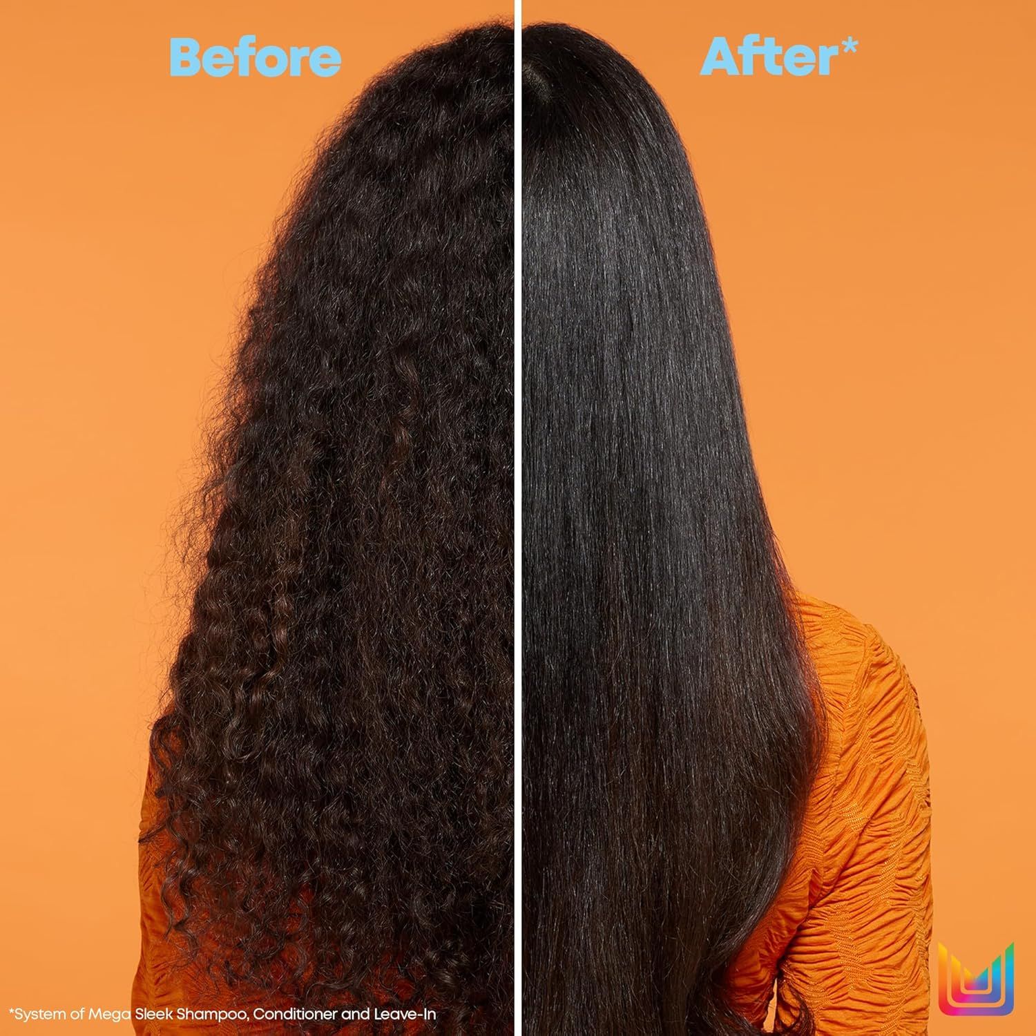Demonstrates the transformative smoothing and straightening effect of the hair care system, showing frizzy, textured hair becoming sleek and straight to prove product effectiveness.