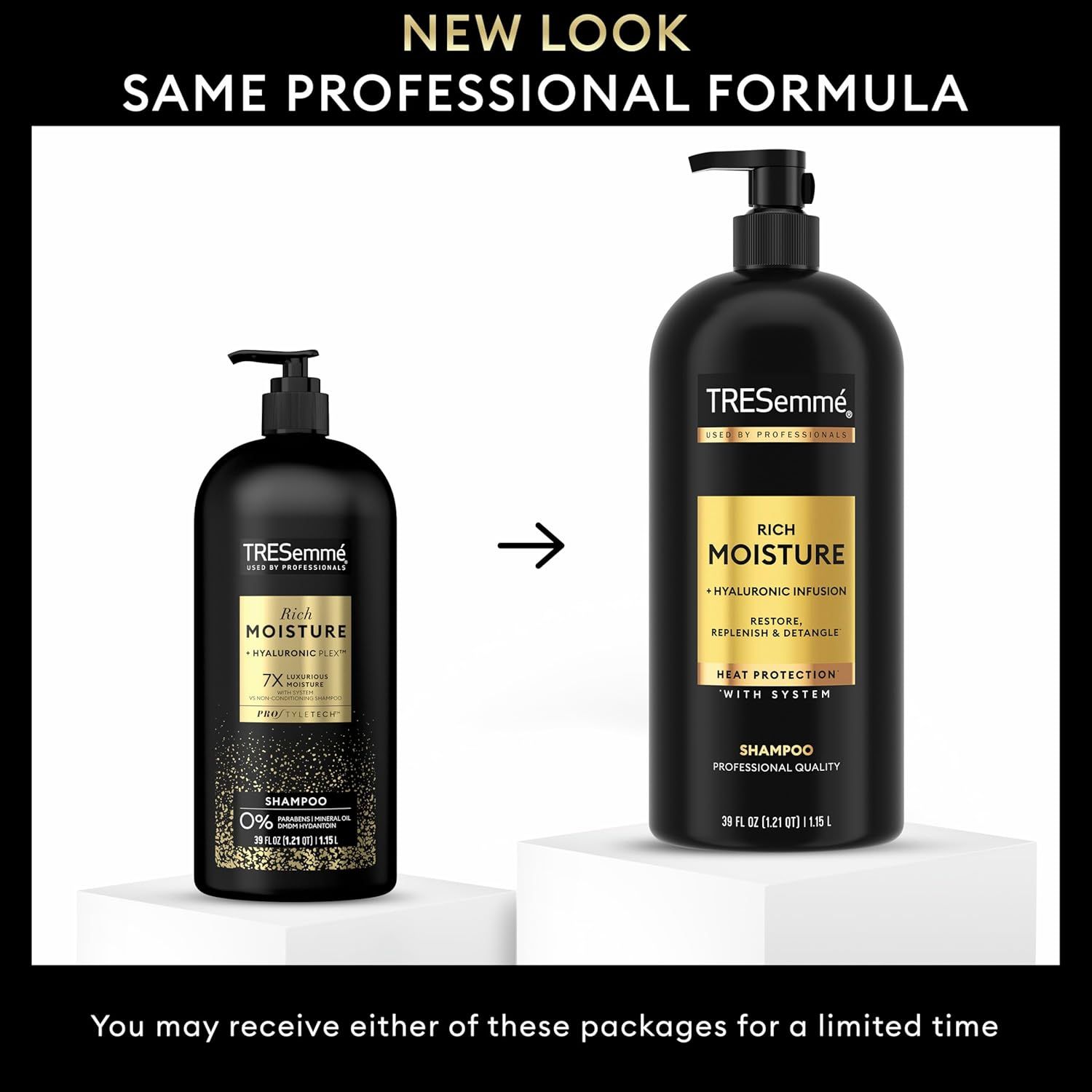 Informs shoppers that the product packaging has been updated to a new look while reassuring them that the professional formula inside remains unchanged.