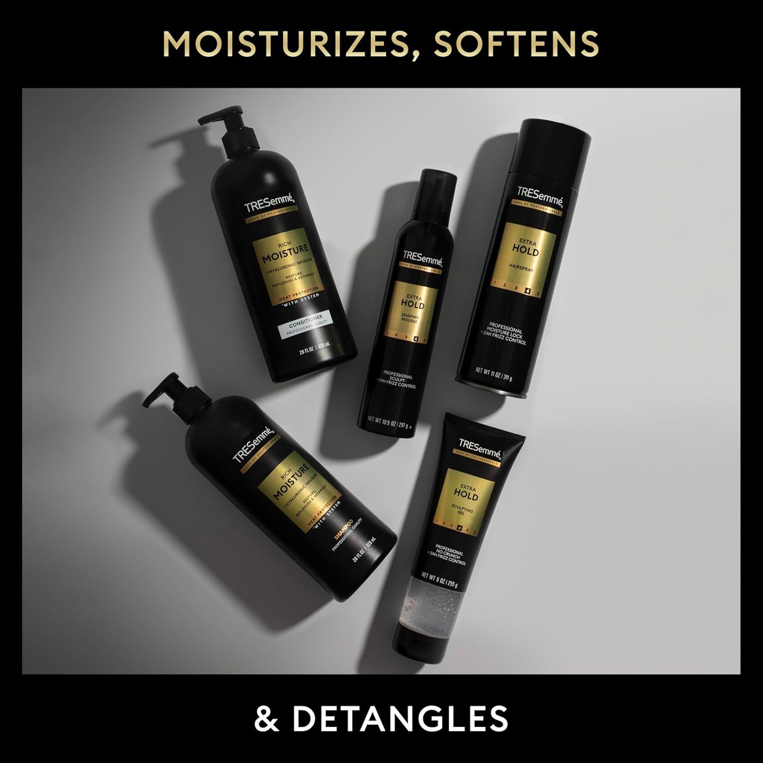 Displays the TRESemmé product lineup to help shoppers understand the brand's range of hair care options, including moisture and hold products, while…