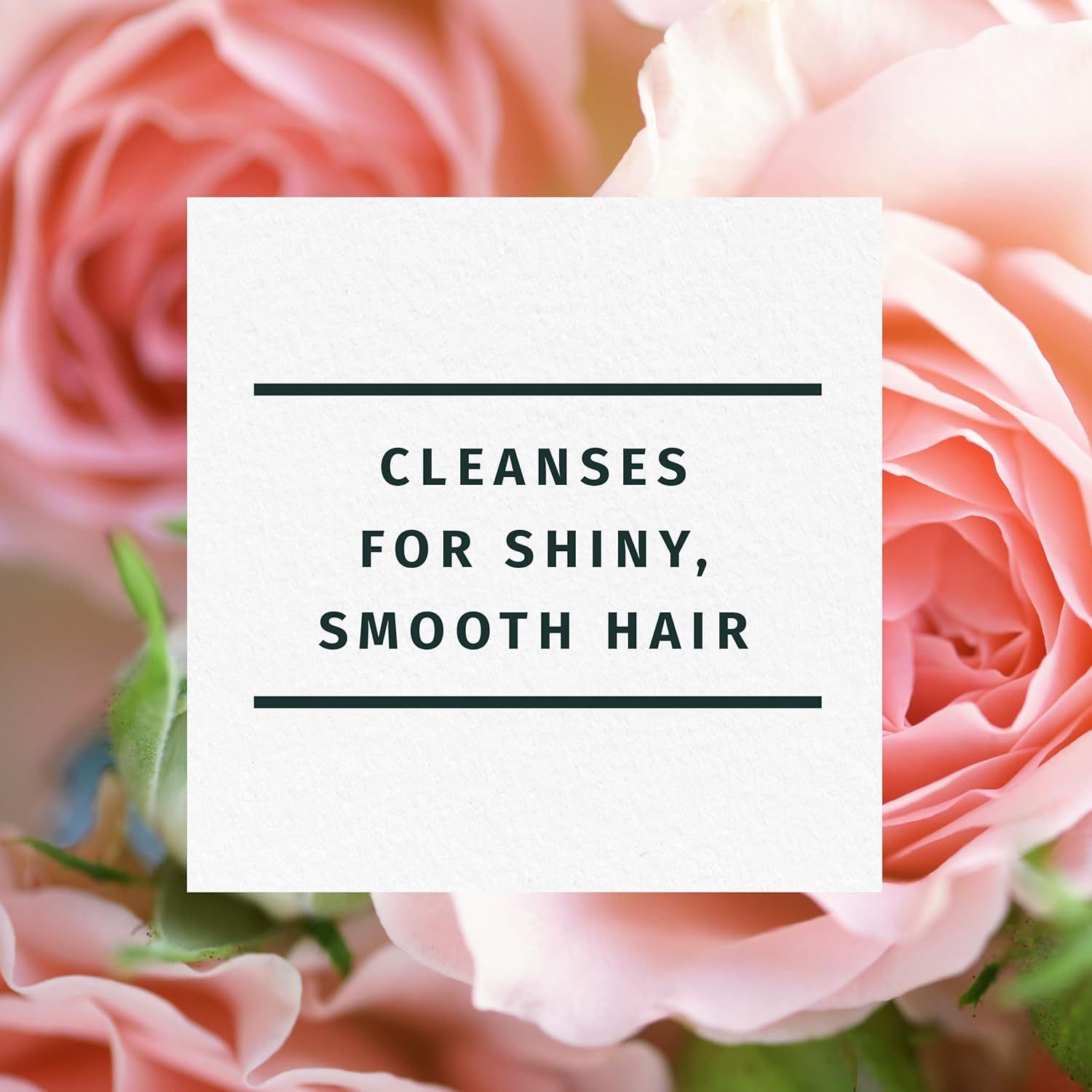 Communicates the primary benefit of the product—cleansing that results in shiny, smooth hair—using a simple, clean visual with one core message.