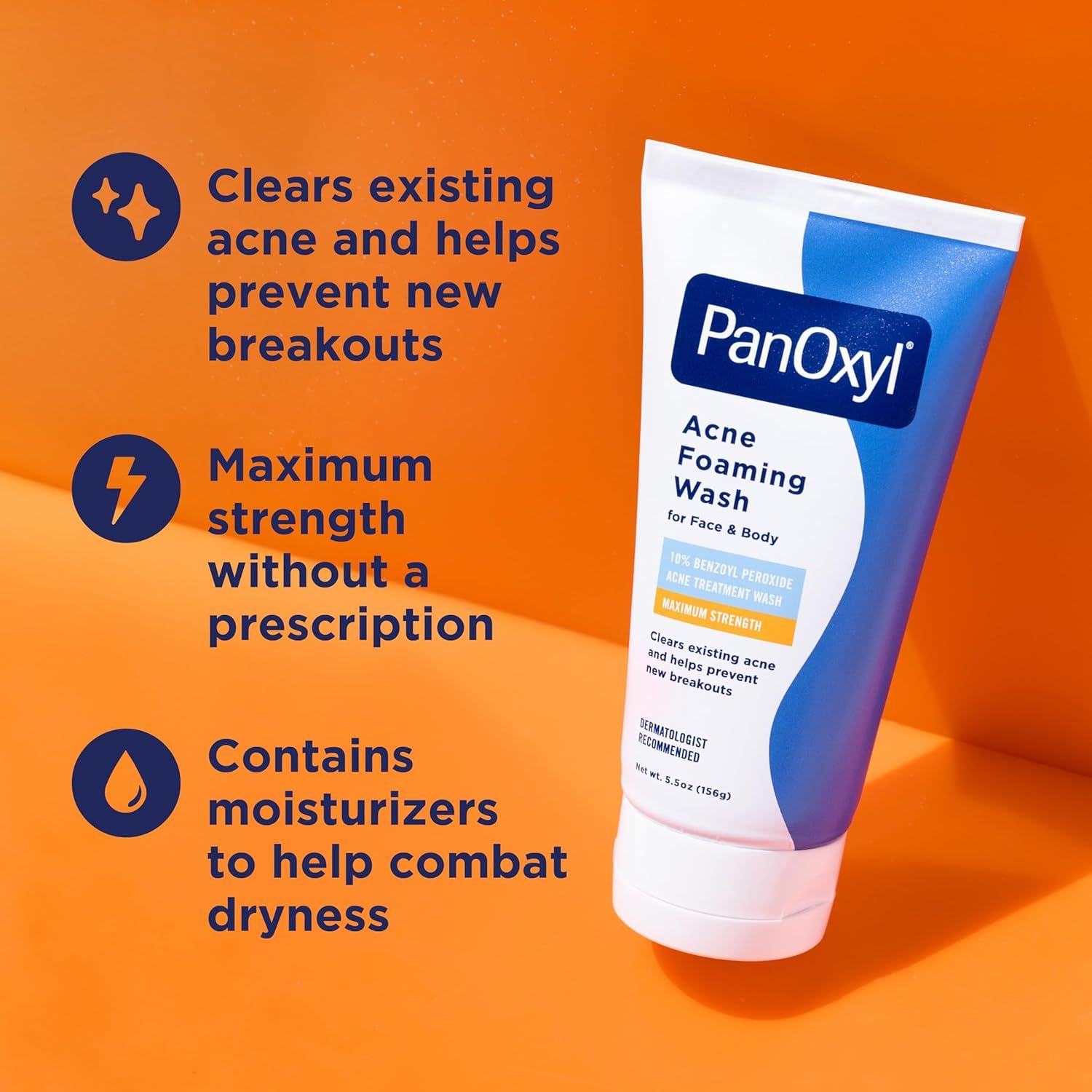 Communicates three distinct product benefits in a segmented layout with icons to show the product treats existing acne, offers maximum OTC strength, and…