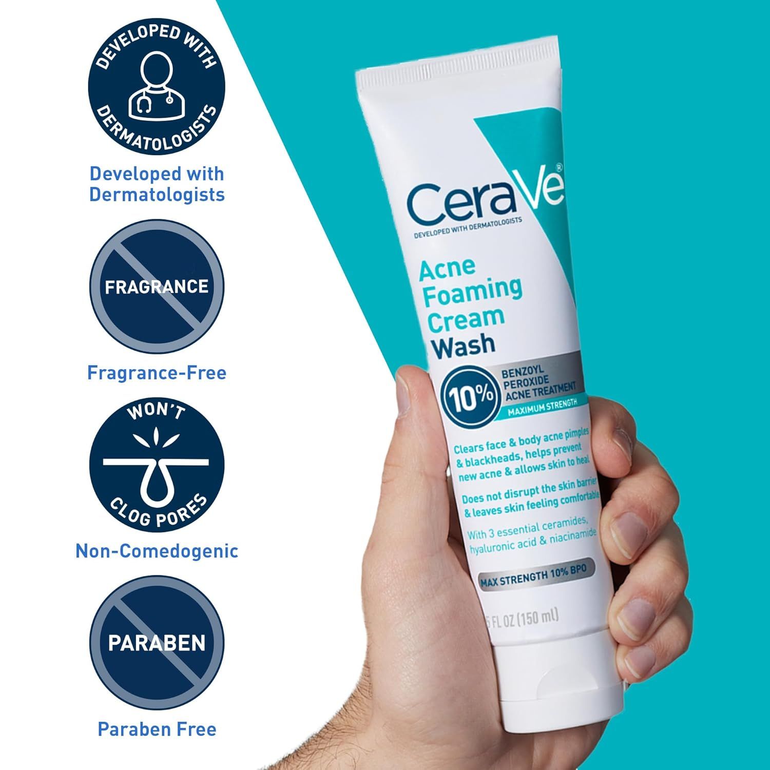 Communicates multiple product benefits and safety features in a segmented layout to reassure shoppers that the acne wash is dermatologist-approved, gentle,…