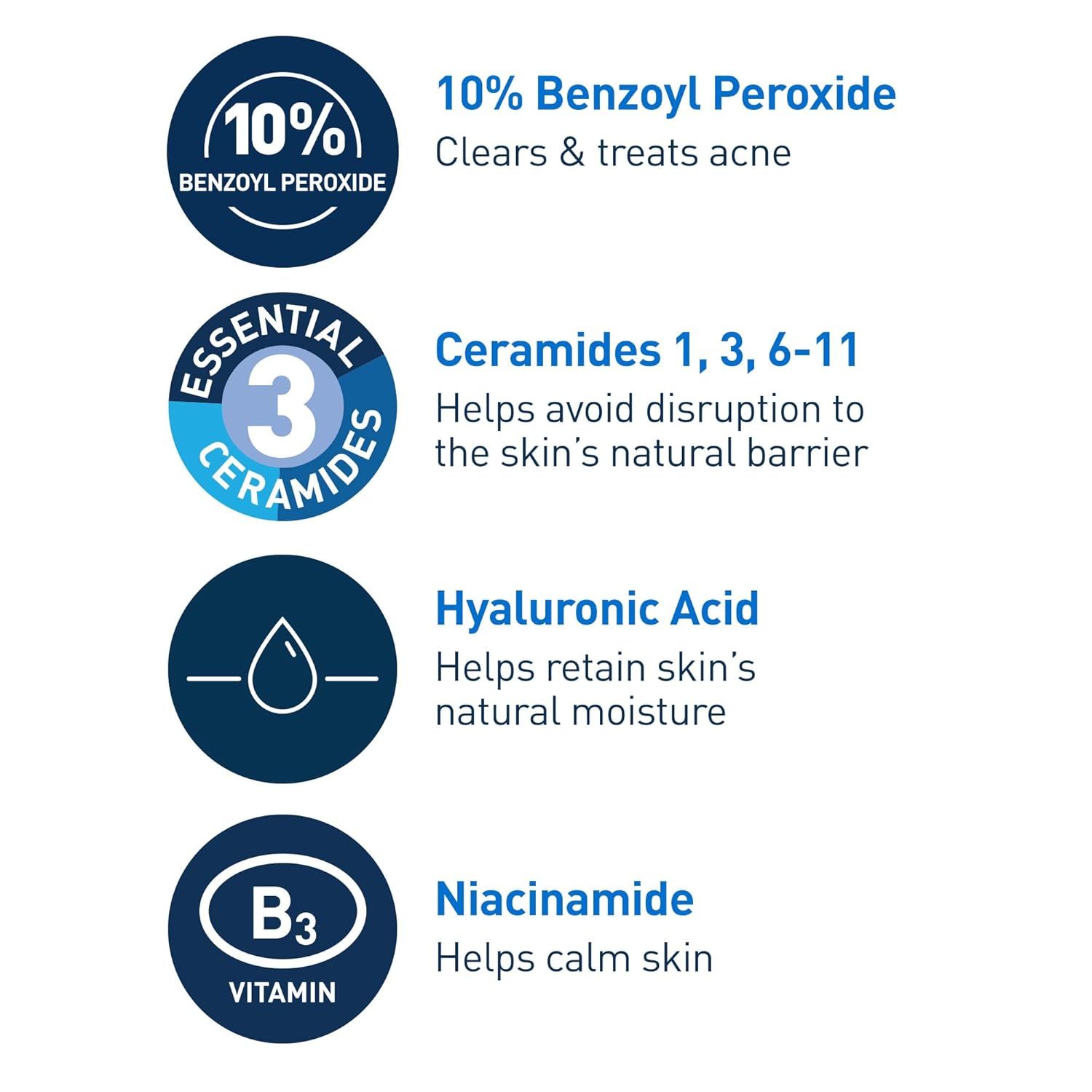 Communicates the product's four key active ingredients and their specific benefits (acne treatment, skin barrier protection, moisture retention, and calming)…