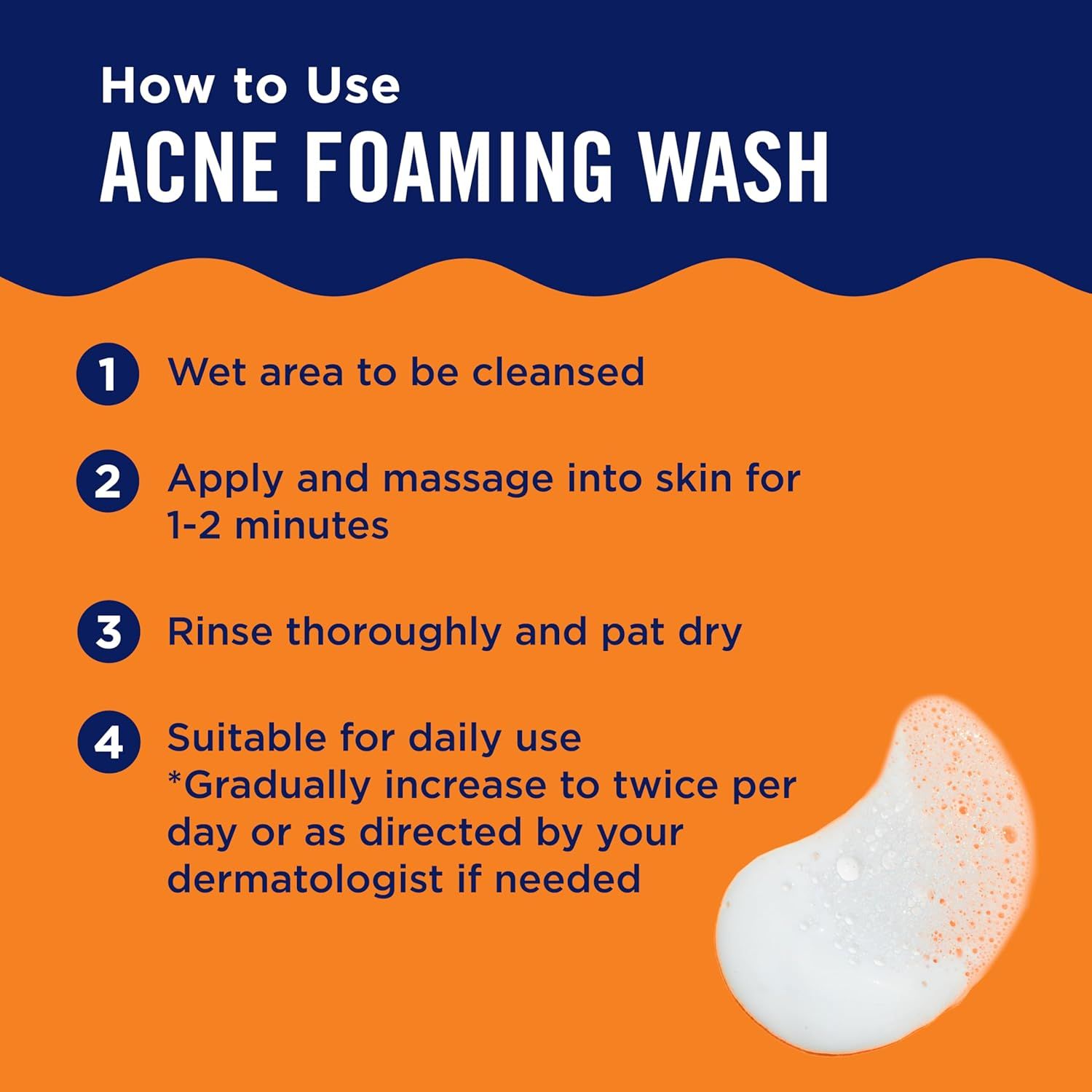 Provides clear, numbered instructions on how to properly use the acne foaming wash, ensuring customers understand the application process and frequency for best results.