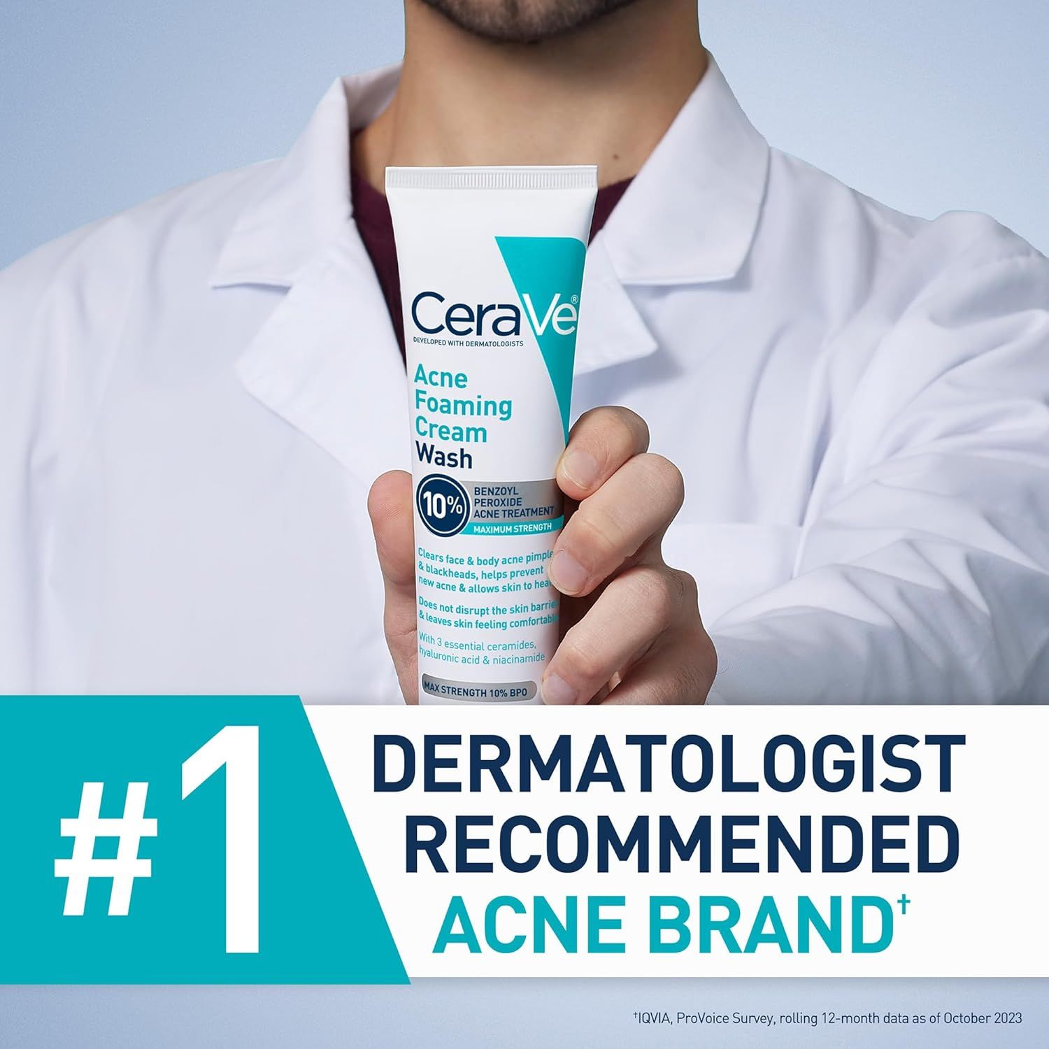 Communicates professional endorsement and market leadership by highlighting that CeraVe is the #1 dermatologist-recommended acne brand, building credibility and trust with shoppers.