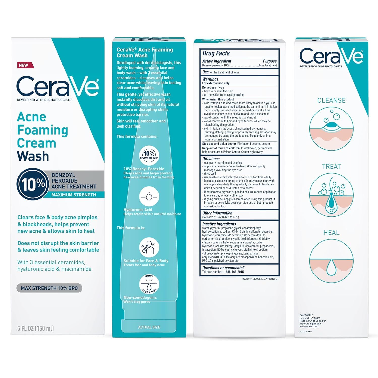 Shows all sides of the product packaging to give shoppers a complete view of what they're purchasing, including front branding, back panel details, drug facts, and usage information.