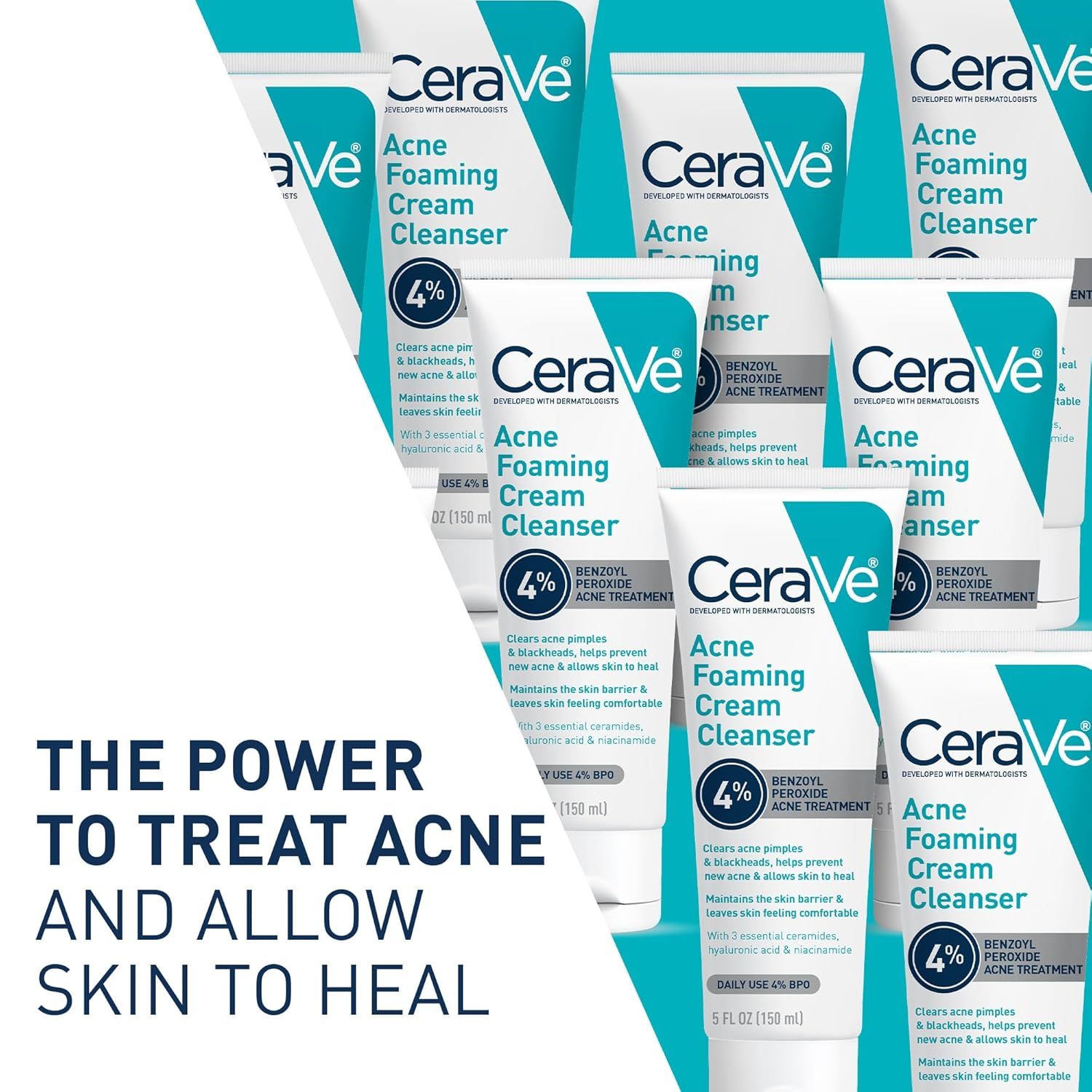 Showcases the CeraVe Acne Foaming Cream Cleanser product line and reinforces the brand's dermatologist-developed positioning with the tagline 'The Power to…