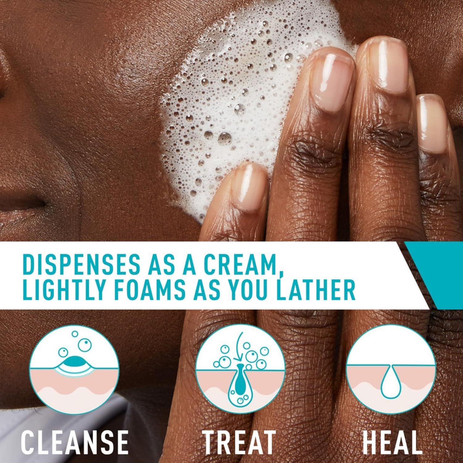 Communicates the product's three-in-one functionality (cleanse, treat, heal) and its unique cream-to-foam transformation to show shoppers the comprehensive…