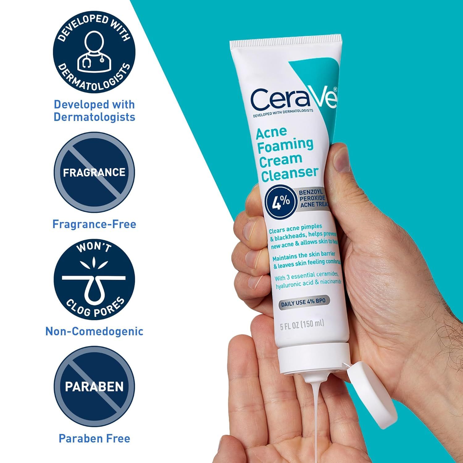 Communicates multiple product benefits and safety features to reassure shoppers that this acne cleanser is dermatologist-approved, gentle, and free from…