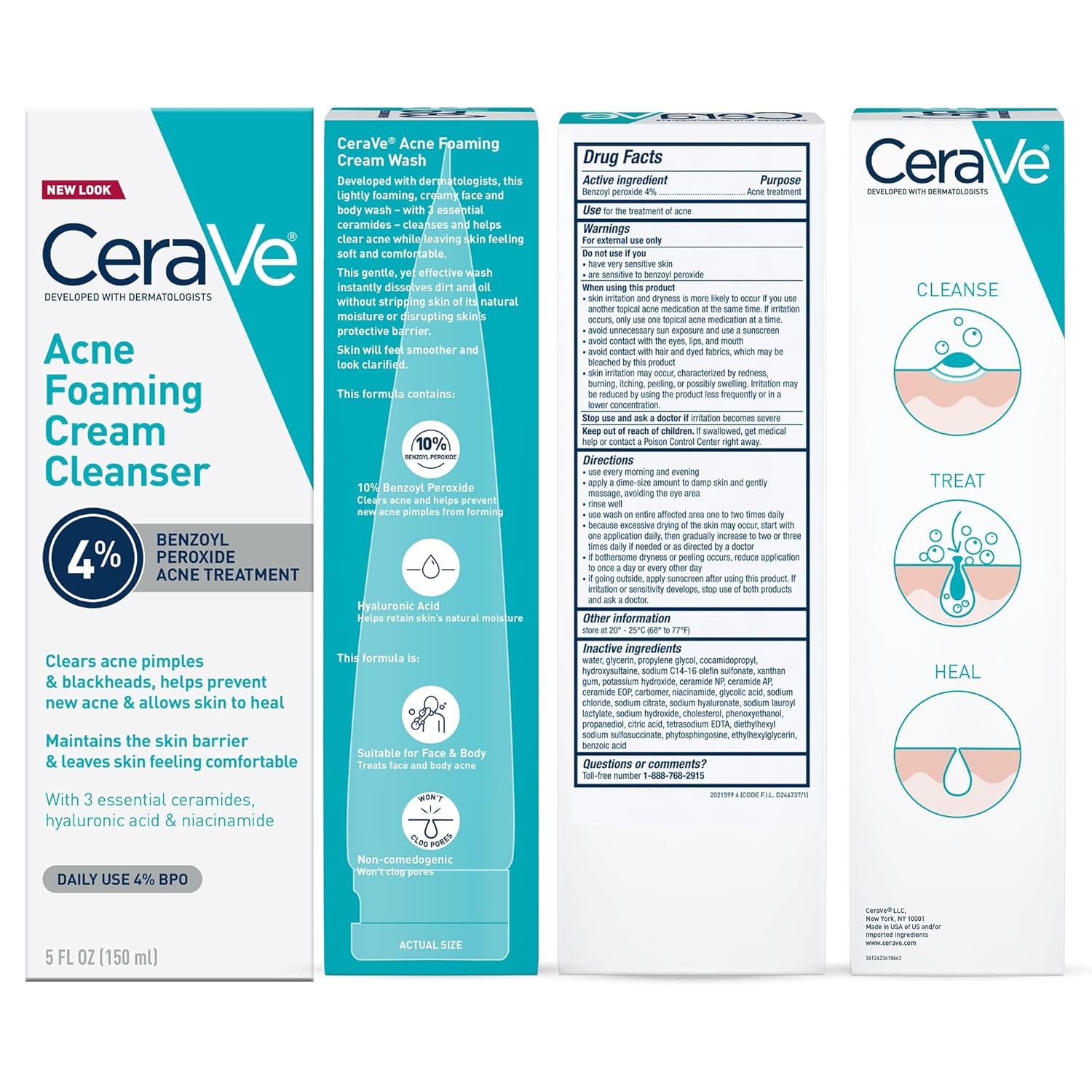 Communicates multiple distinct benefits of the acne treatment product in a visually segmented layout, showing how it cleanses, treats, and heals acne while…