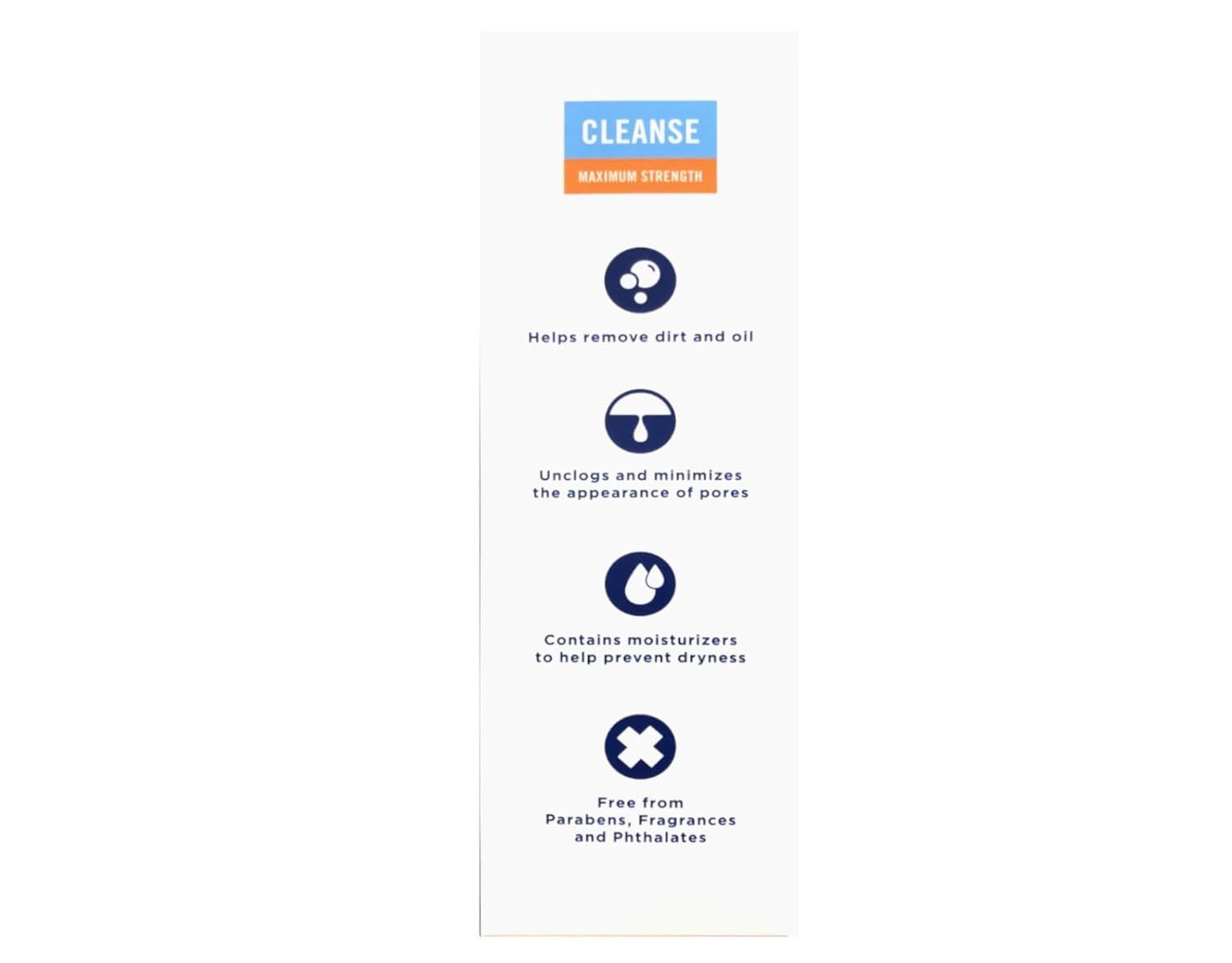 Communicates multiple key benefits of the cleanser in a vertically segmented layout, showing it removes impurities, minimizes pores, moisturizes, and is free…