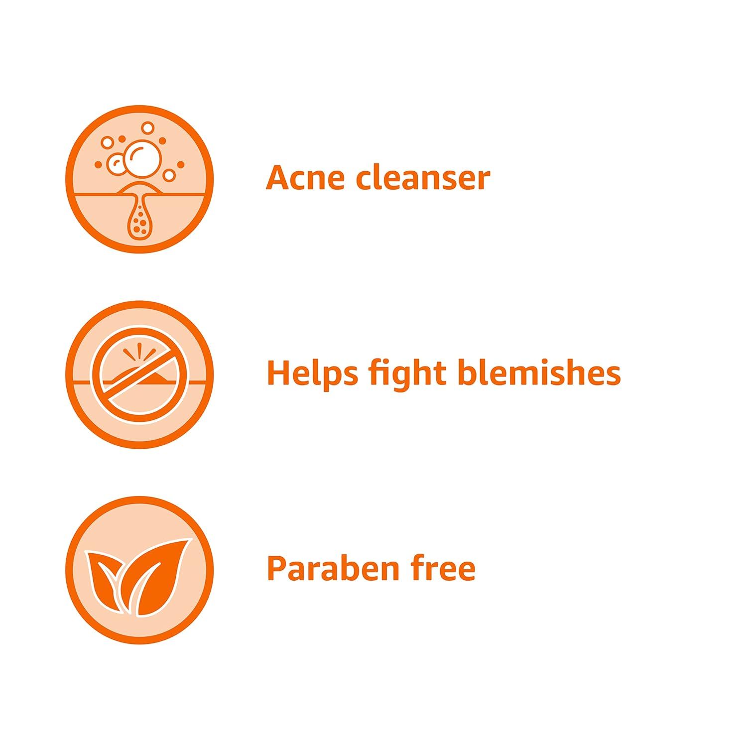 Communicates three distinct product benefits in a segmented vertical layout to show the product is an acne cleanser that fights blemishes and is free from…