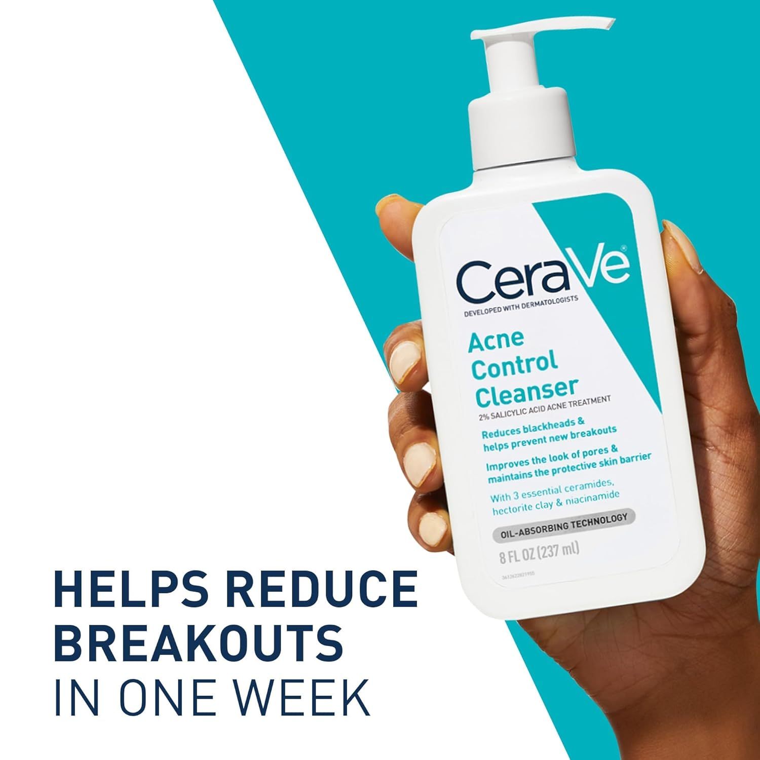 Communicates a quantifiable performance claim that the product reduces breakouts in one week, providing shoppers with a clear timeframe for expected results.…