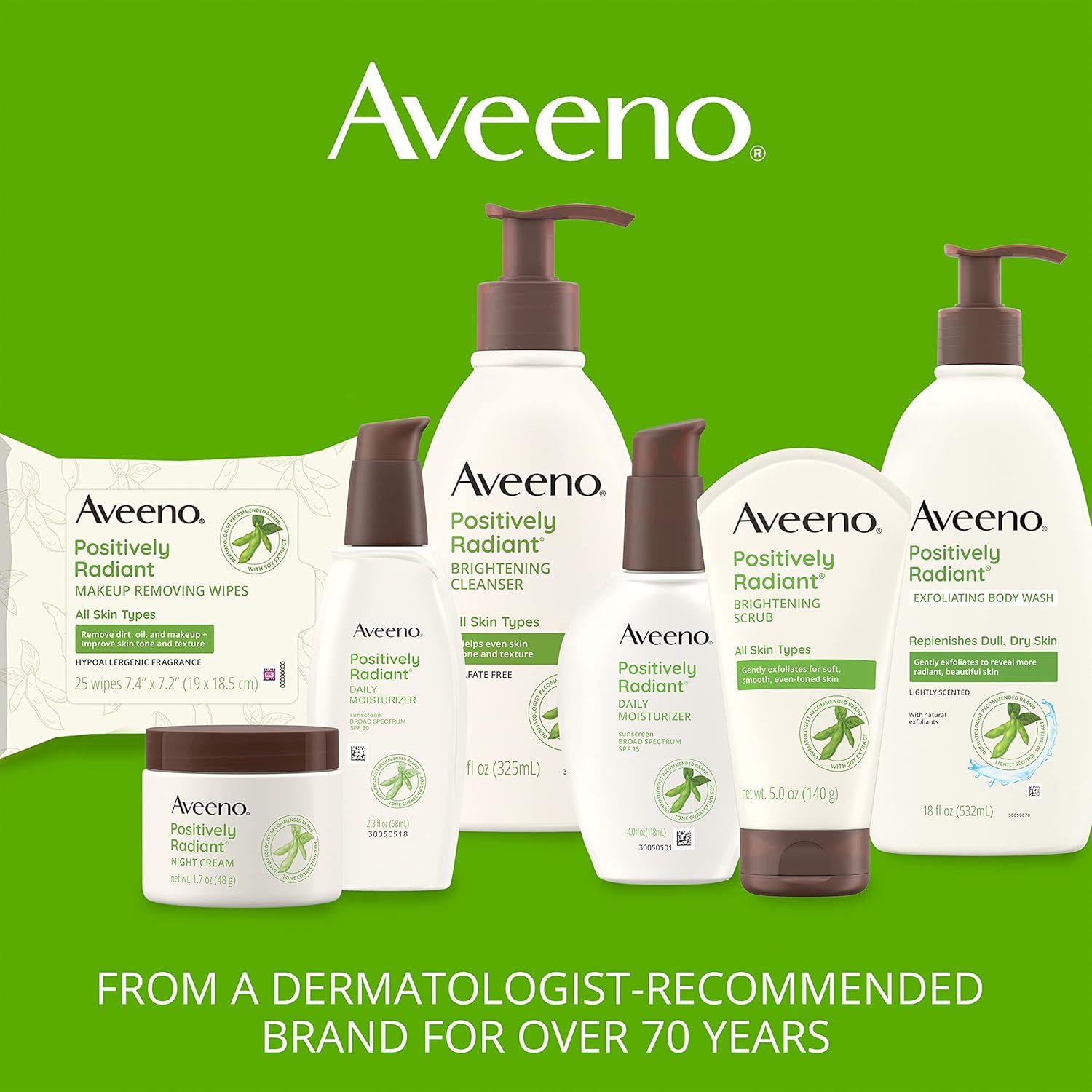 Showcases the Aveeno Positively Radiant product line and reinforces brand credibility by highlighting dermatologist recommendation for over 70 years, building…
