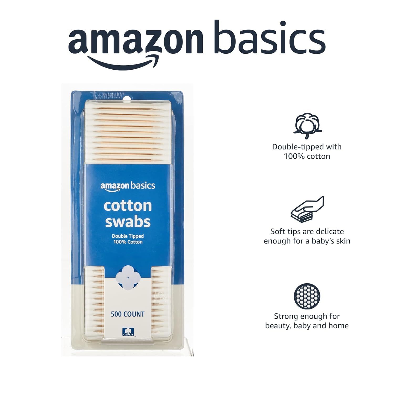 Communicates three distinct product benefits in a segmented layout: the double-tipped 100% cotton construction, gentleness suitable for baby's delicate skin,…
