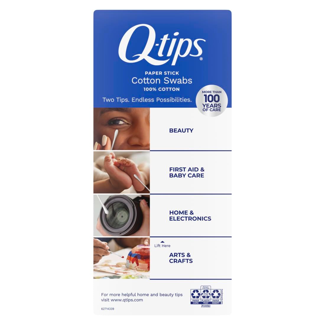 Demonstrates the versatility of Q-tips cotton swabs by showing four distinct use-case scenarios, reassuring shoppers that the product serves multiple purposes…