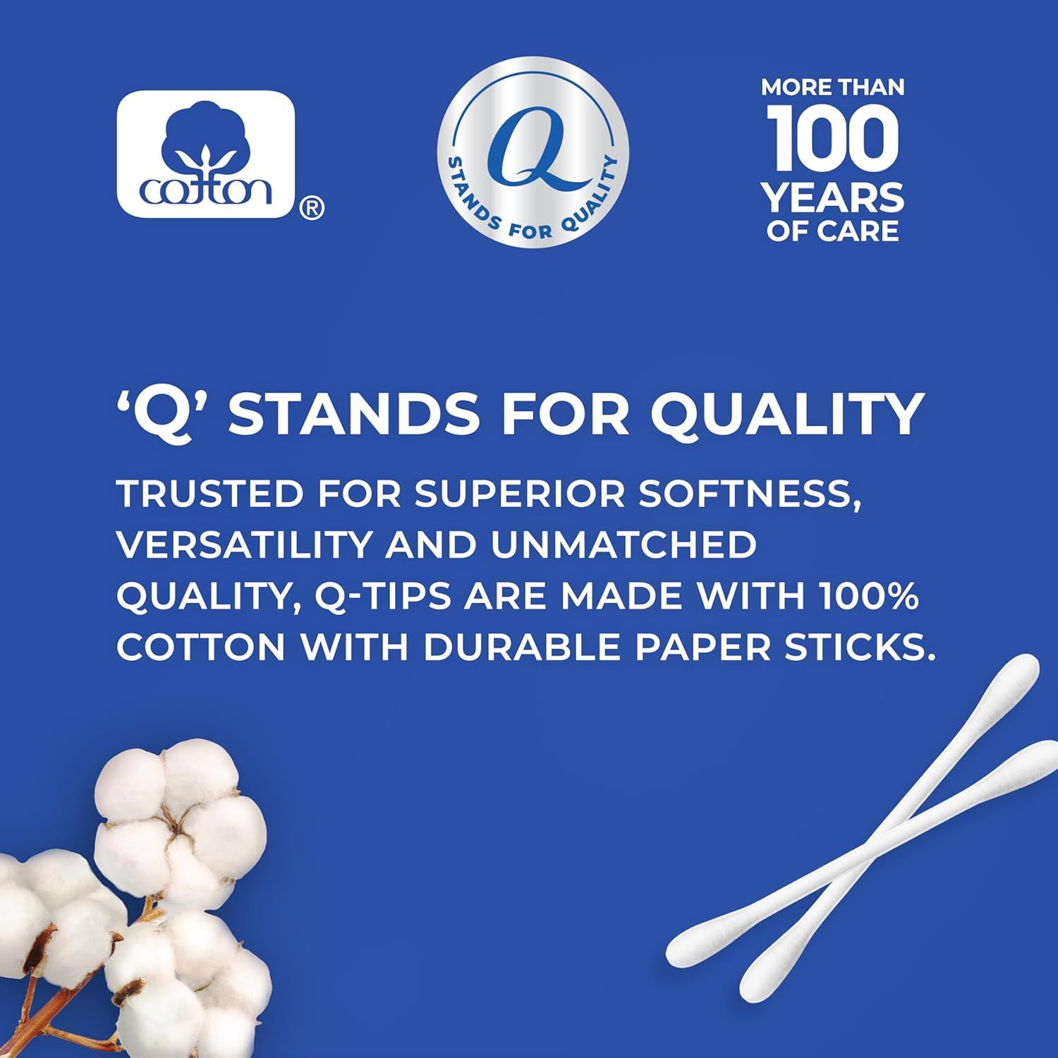 Communicates the brand's heritage (100+ years of care), quality certifications (Cotton and Q-Stands for Quality logos), and material composition to build…