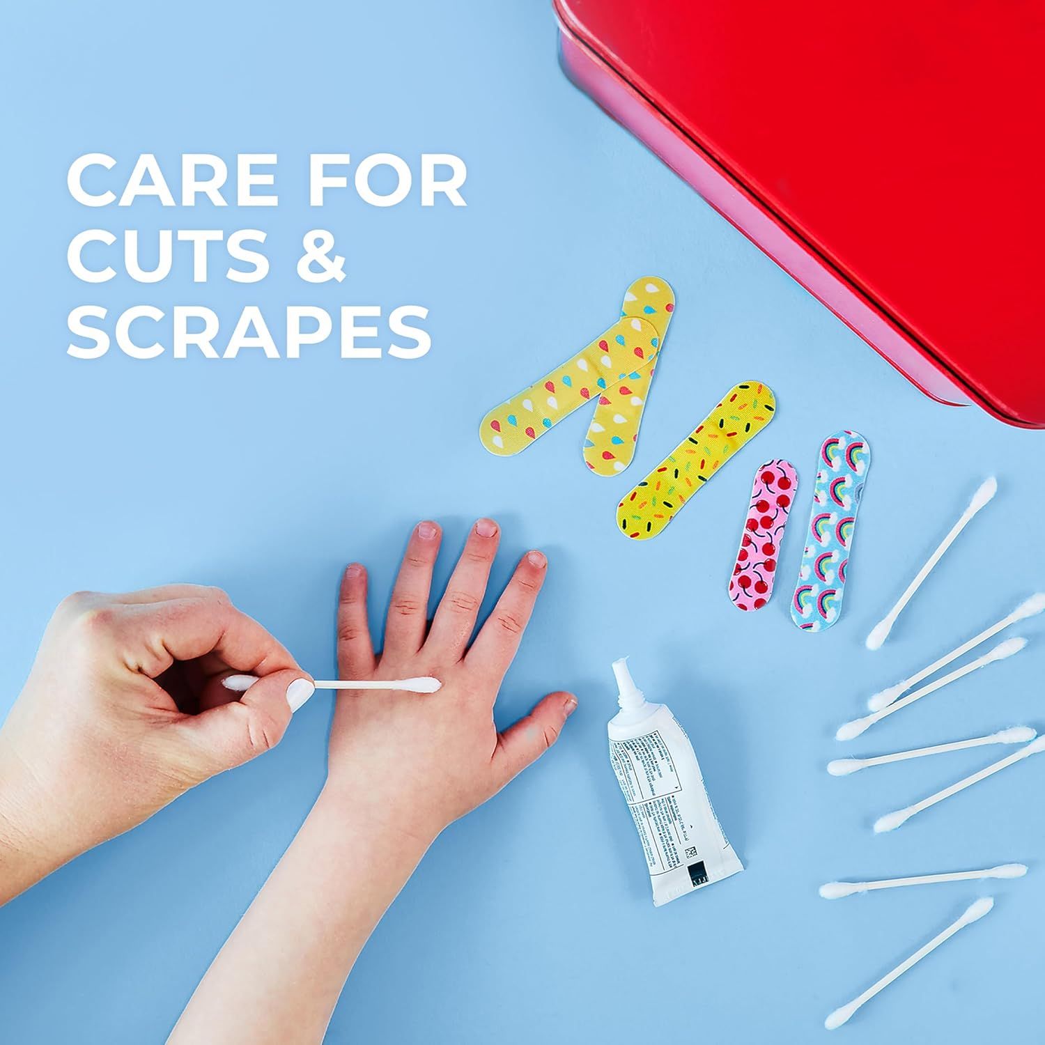 Communicates that the product (bandages and first aid supplies) is designed to care for minor injuries like cuts and scrapes, reassuring parents and…
