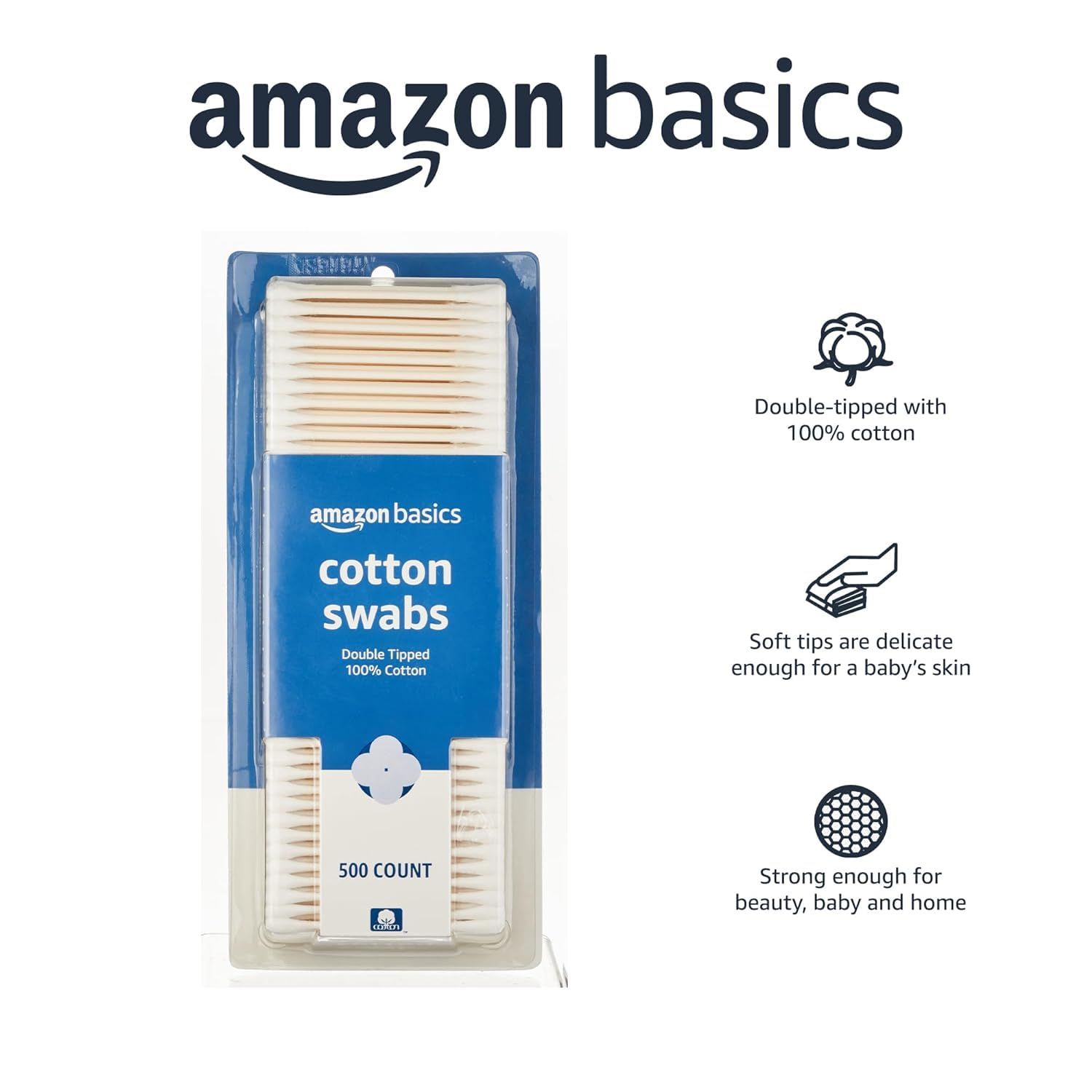 Communicates three distinct product benefits in a segmented layout: the double-tipped 100% cotton construction, gentleness for baby skin, and versatility for…