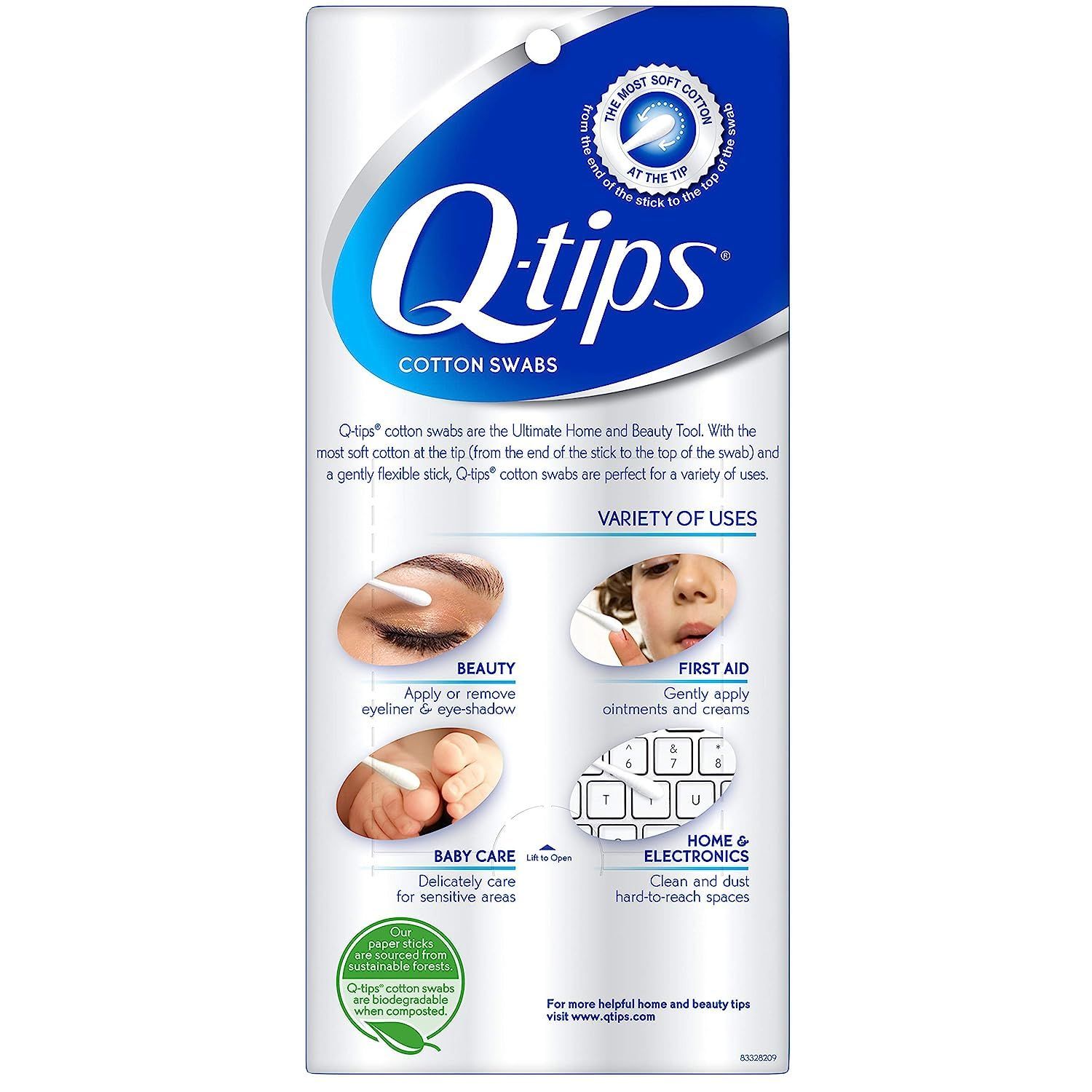 Demonstrates the versatility of Q-tips cotton swabs by showing four distinct use cases: beauty application, first aid, baby care, and cleaning electronics, reassuring shoppers that this product…