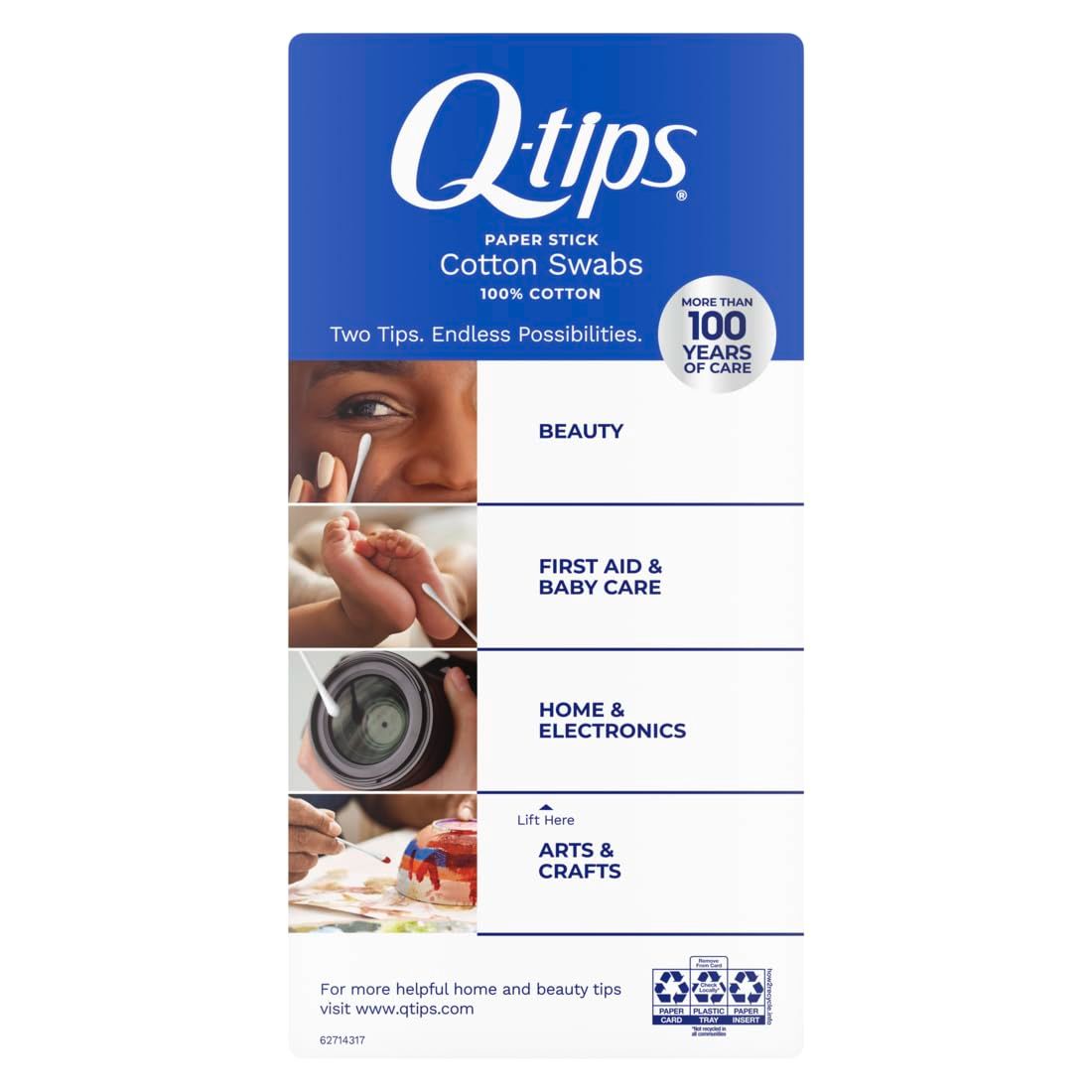 Demonstrates the versatility of Q-tips cotton swabs by showing four distinct use-case scenarios, reassuring shoppers that the product serves multiple purposes…