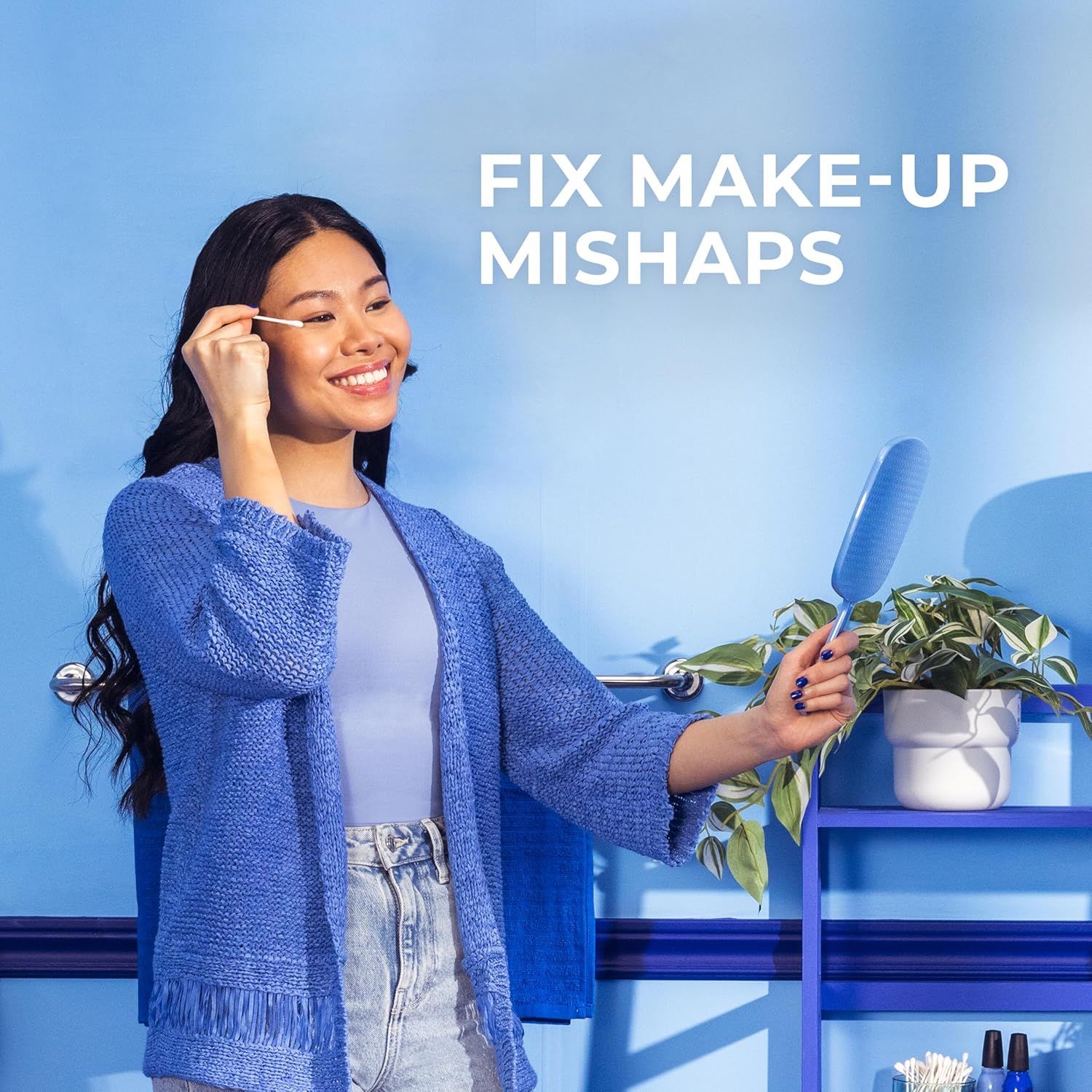 Demonstrates a specific use case for the product—correcting makeup mistakes—to show shoppers how the product can solve a common beauty problem. Highlights the…