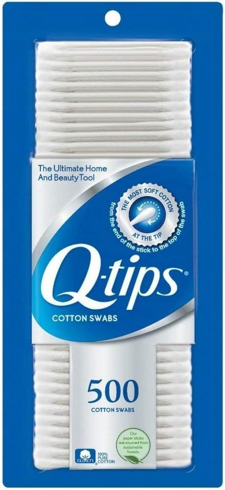 Displays the Q-tips cotton swabs product in its retail packaging on a clean white background, providing a clear catalog-style view of what the customer will…