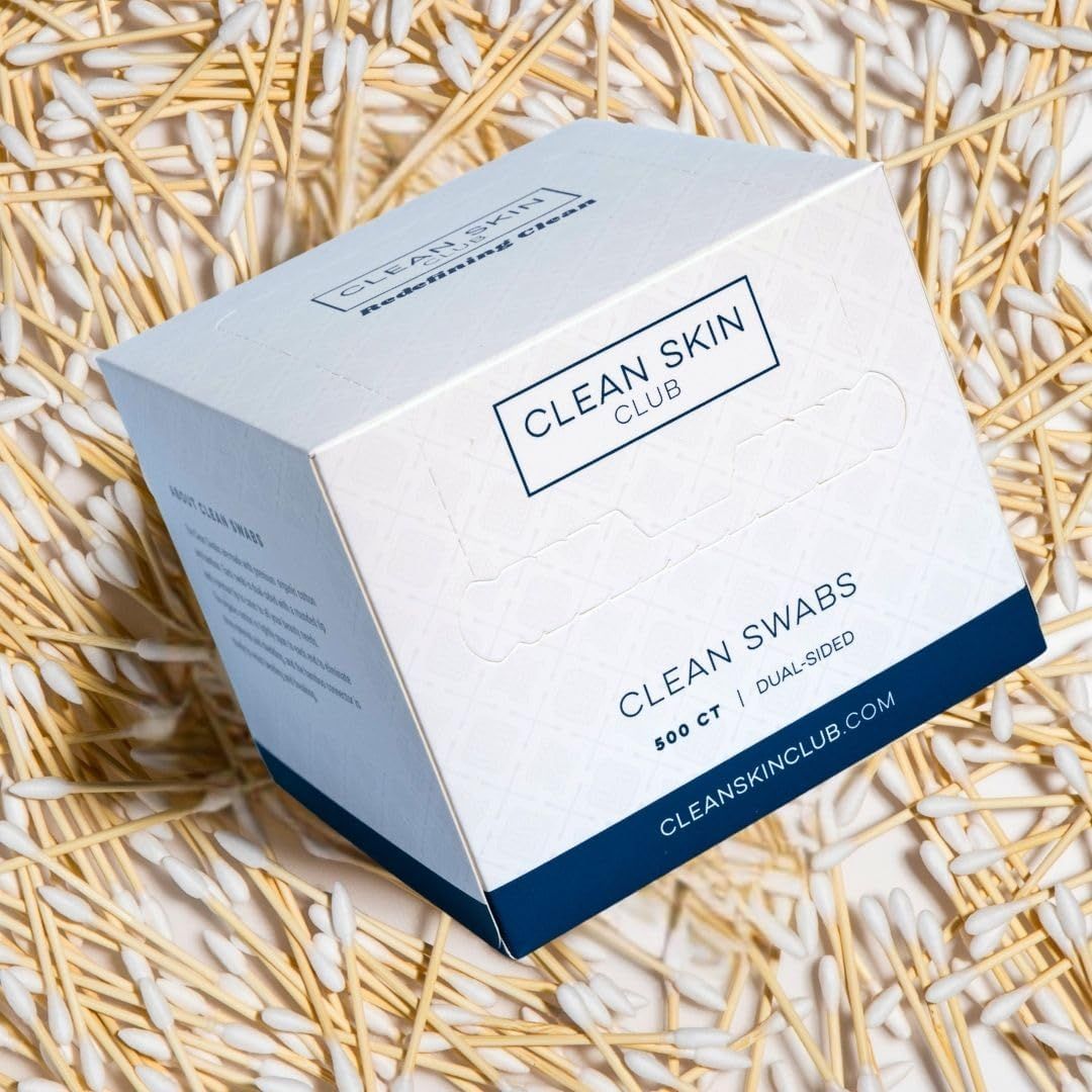 Displays the Clean Skin Club swabs product packaging in a clean, lifestyle setting to show the product as it would be received and to communicate the brand's…