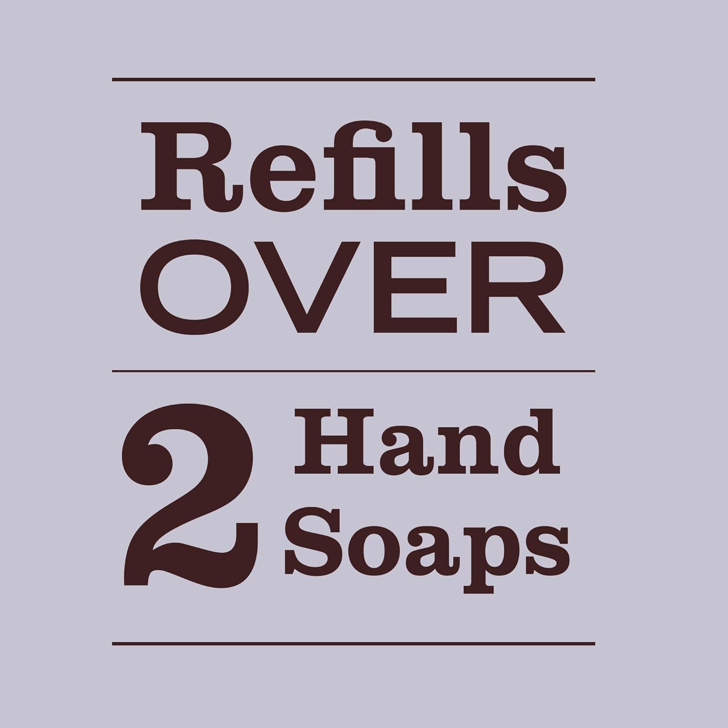 Communicates the product's refill capacity and value by highlighting that one purchase refills over 2 hand soaps, emphasizing cost-effectiveness and…