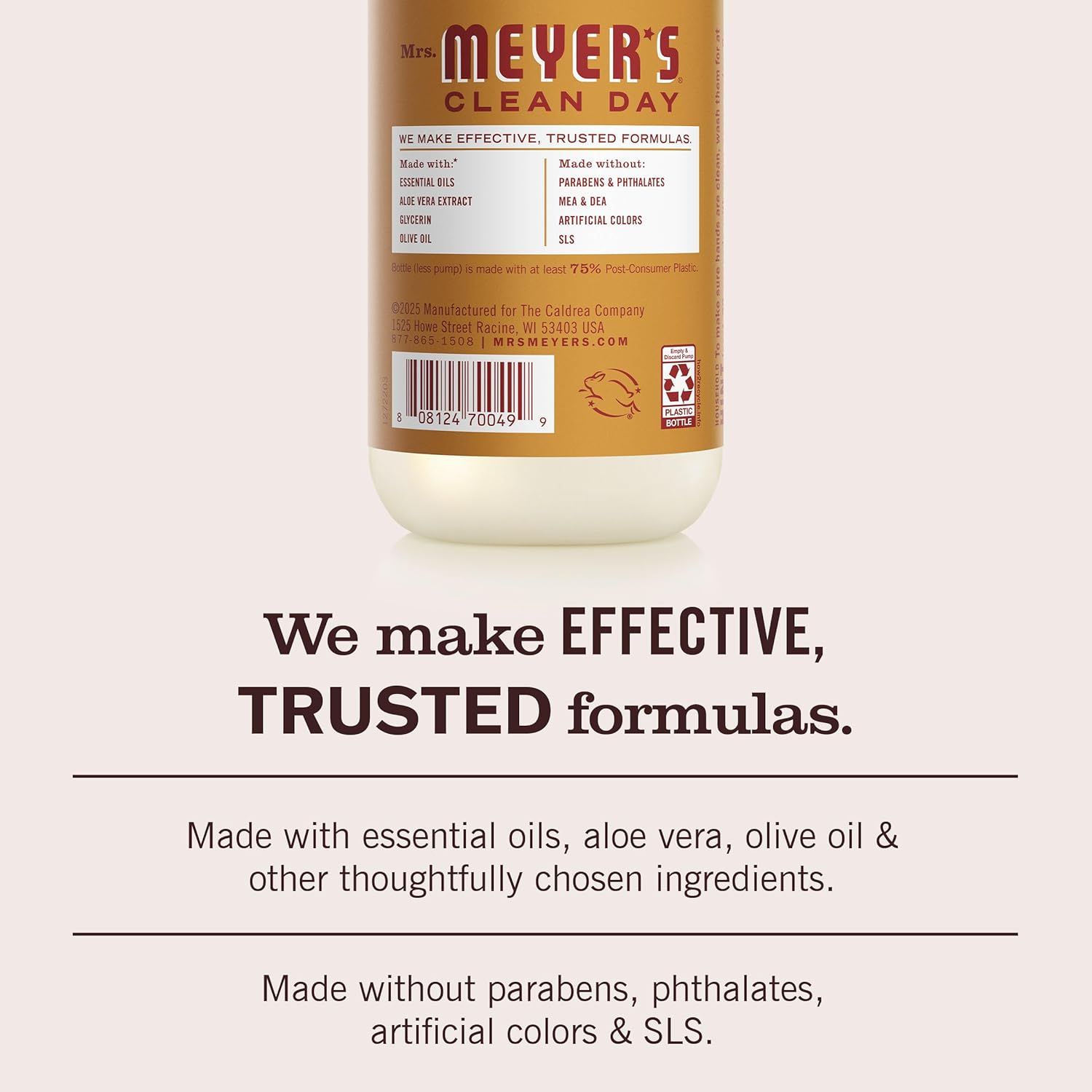 Communicates the brand's commitment to effective, trusted formulas by highlighting what the product is made with (natural ingredients) and what it's made…