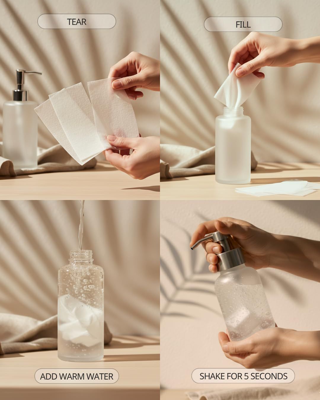 Demonstrates the step-by-step process for using the product, showing shoppers exactly how to tear, fill, add water, and shake to prepare the product for use.