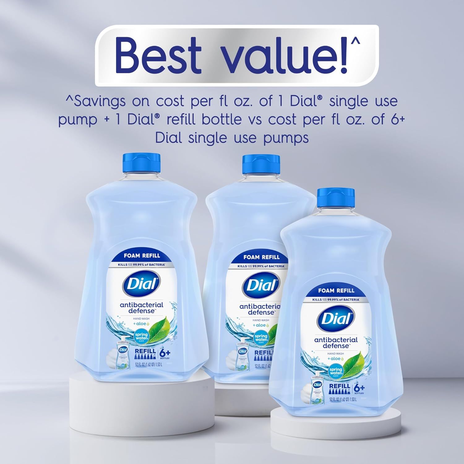 Communicates the cost-effectiveness of buying the refill bottle system versus multiple single-use pumps, emphasizing value and savings to the shopper.…