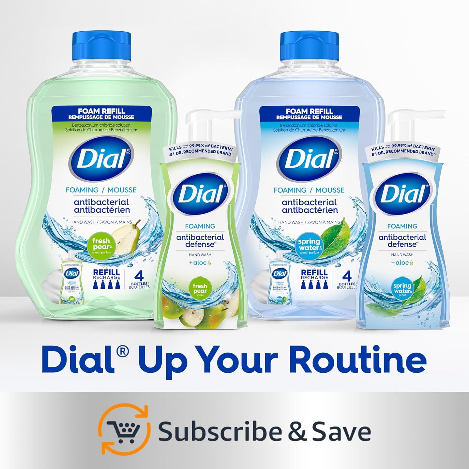 Showcases the Dial brand's product lineup with two scent variants (fresh pear and spring water) and promotes the Subscribe & Save convenience program to…