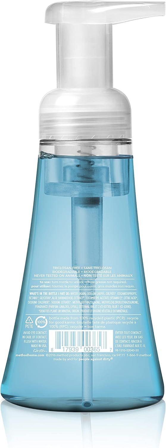 Provides a clean, catalog-style view of the foaming soap dispenser bottle showing the product design, pump mechanism, and blue liquid contents without…