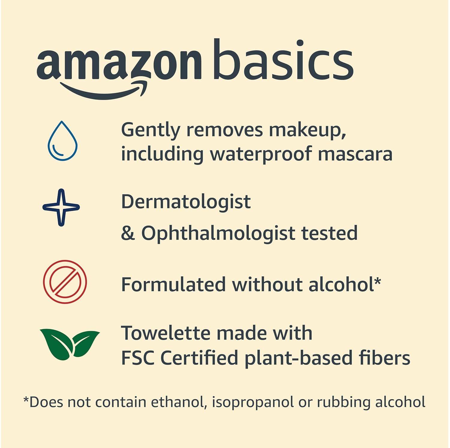 Communicates multiple key benefits of the Amazon Basics makeup remover towelettes in a segmented layout, including gentleness, professional testing,…