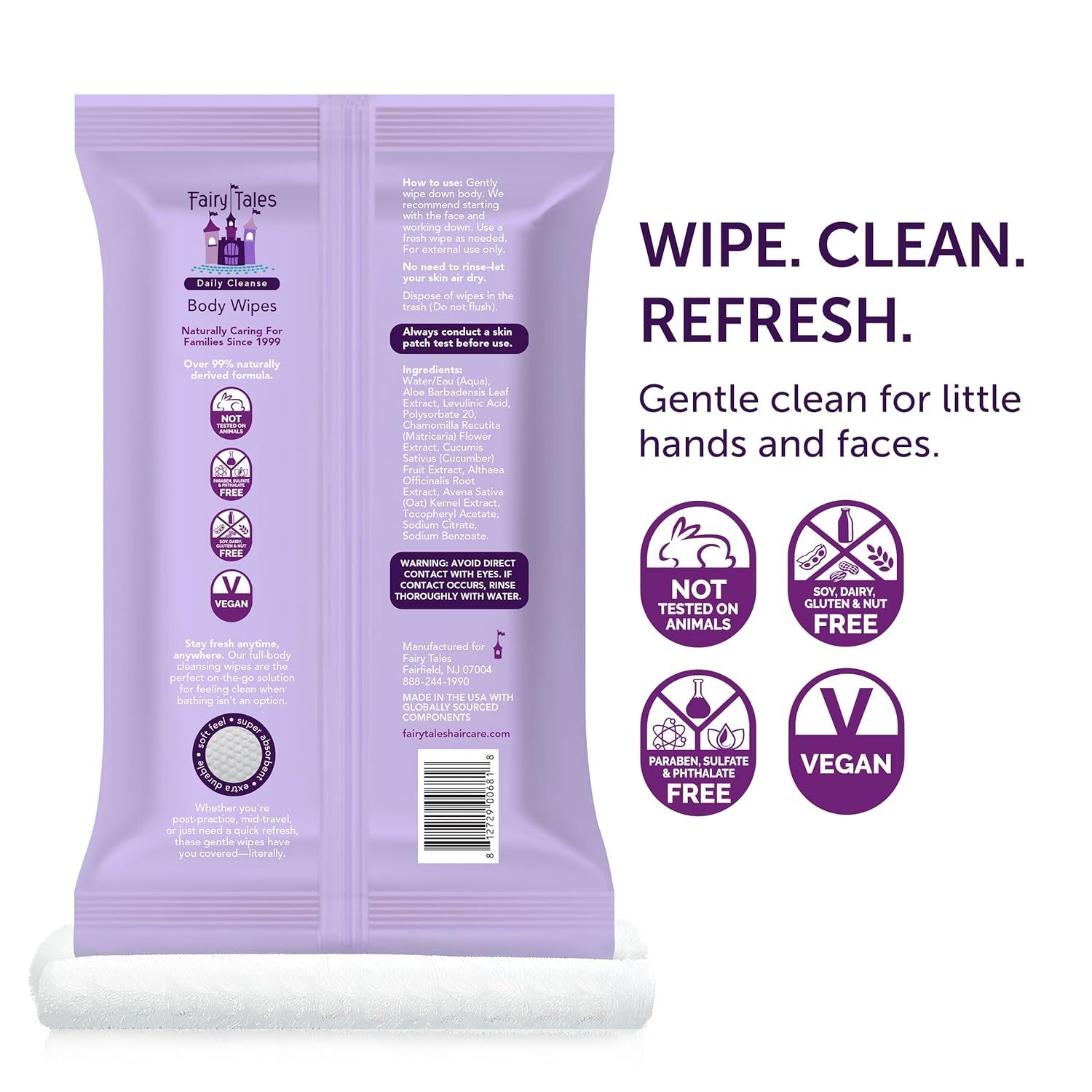 Communicates multiple product benefits and safety/sustainability features in a segmented layout to reassure parents that the wipes are safe, gentle, and…