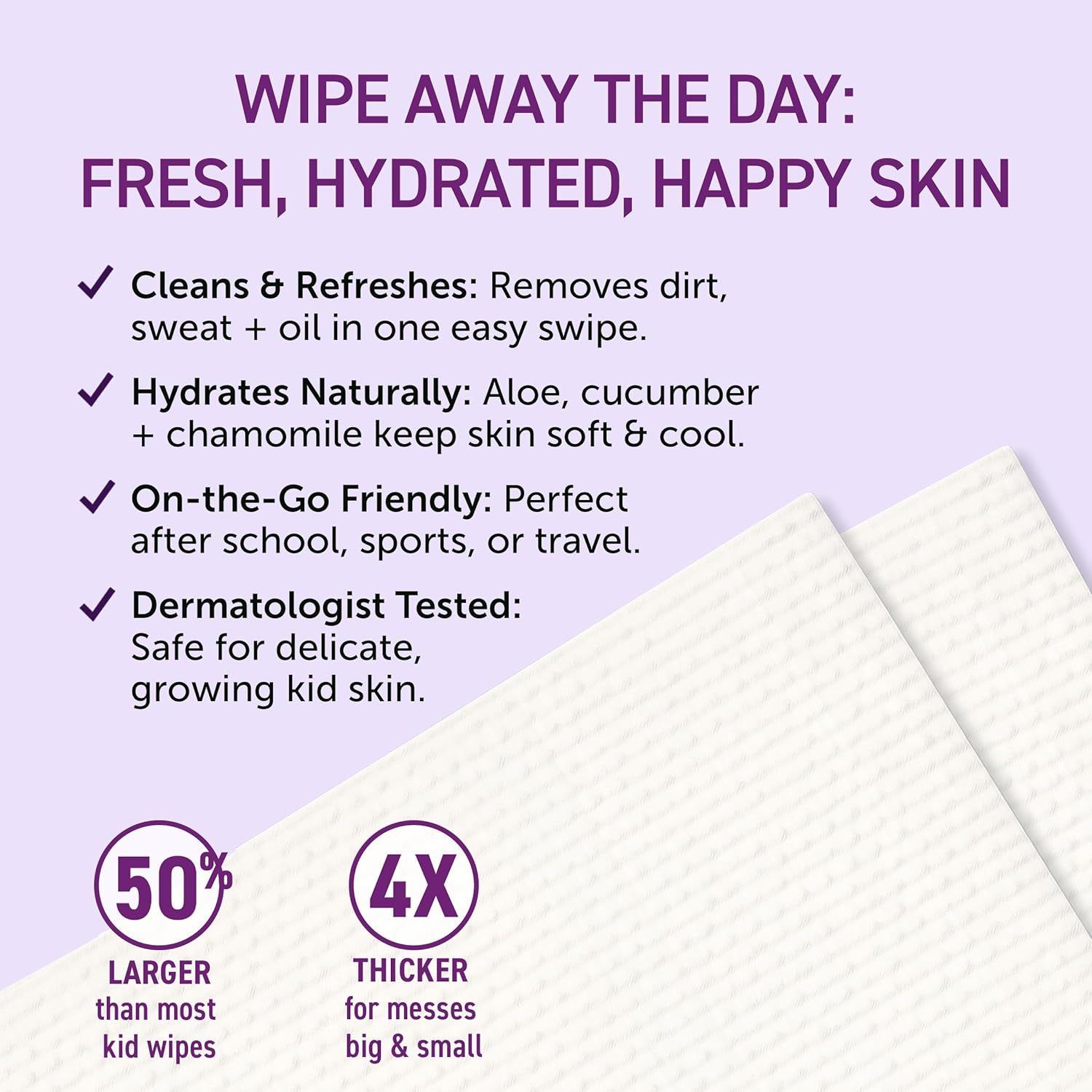 Communicates multiple distinct benefits of the kid wipes in a segmented layout, including cleaning power, natural hydration, portability, safety testing, and…