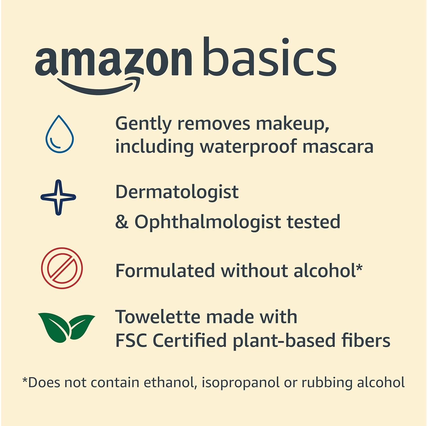 Communicates multiple key benefits of the Amazon Basics makeup remover product in a segmented layout to reassure shoppers about gentleness, safety,…