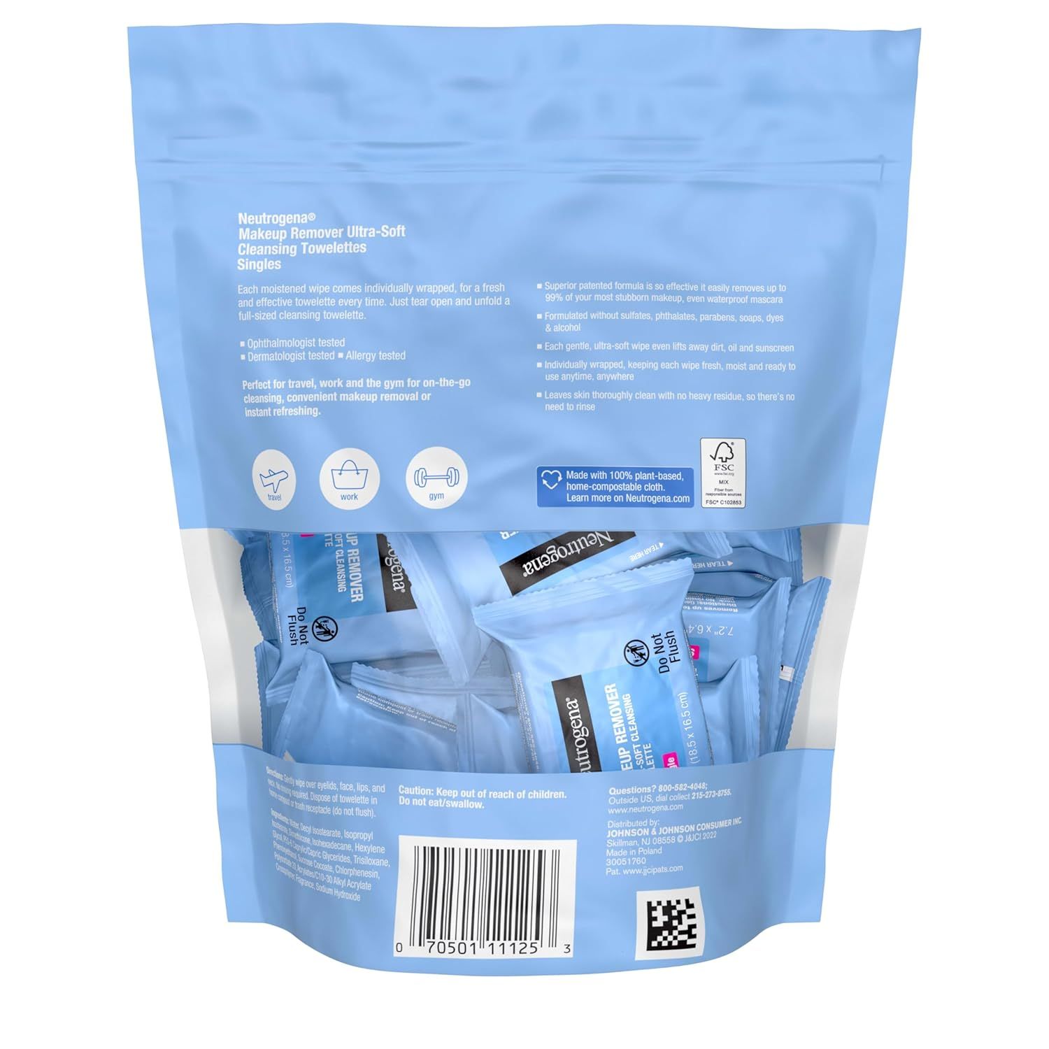 Communicates multiple product benefits including effectiveness, convenience, sustainability, and portability to show shoppers why this product is superior for on-the-go makeup removal.