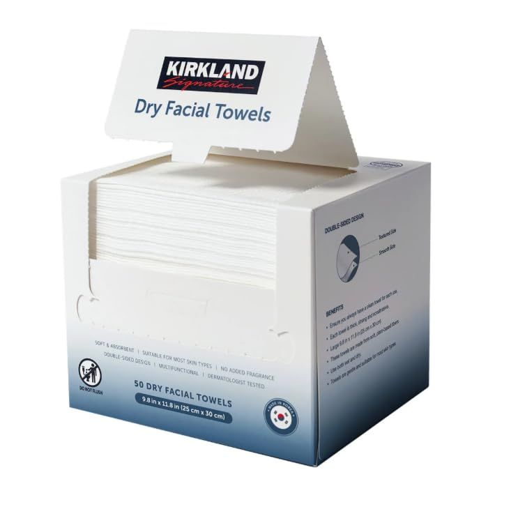 Displays the Kirkland Signature Dry Facial Towels product in its retail packaging on a clean white background, allowing shoppers to see exactly what they will…