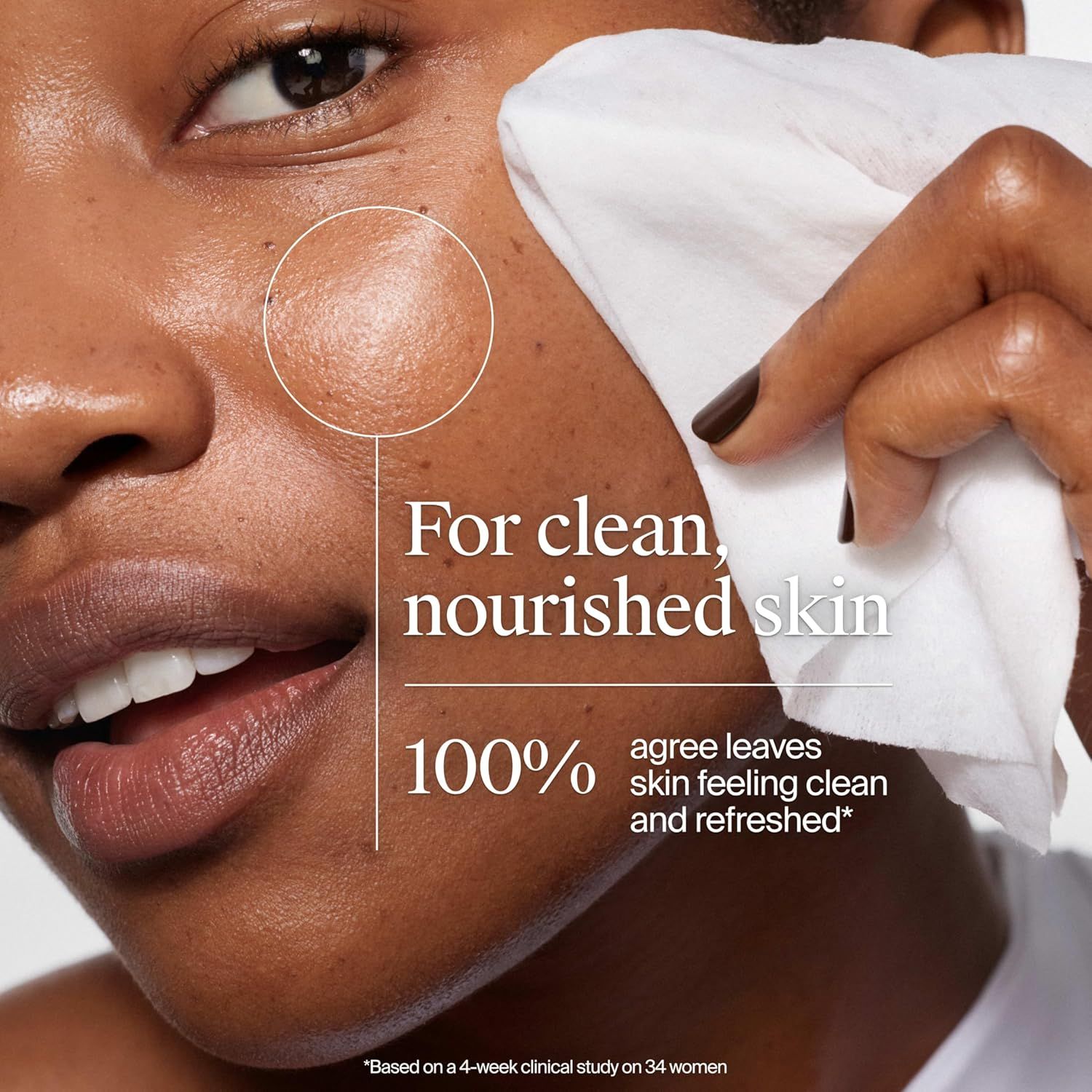 Communicates a quantifiable customer satisfaction claim to build confidence that the product delivers clean, nourished, and refreshed skin. Highlights the…