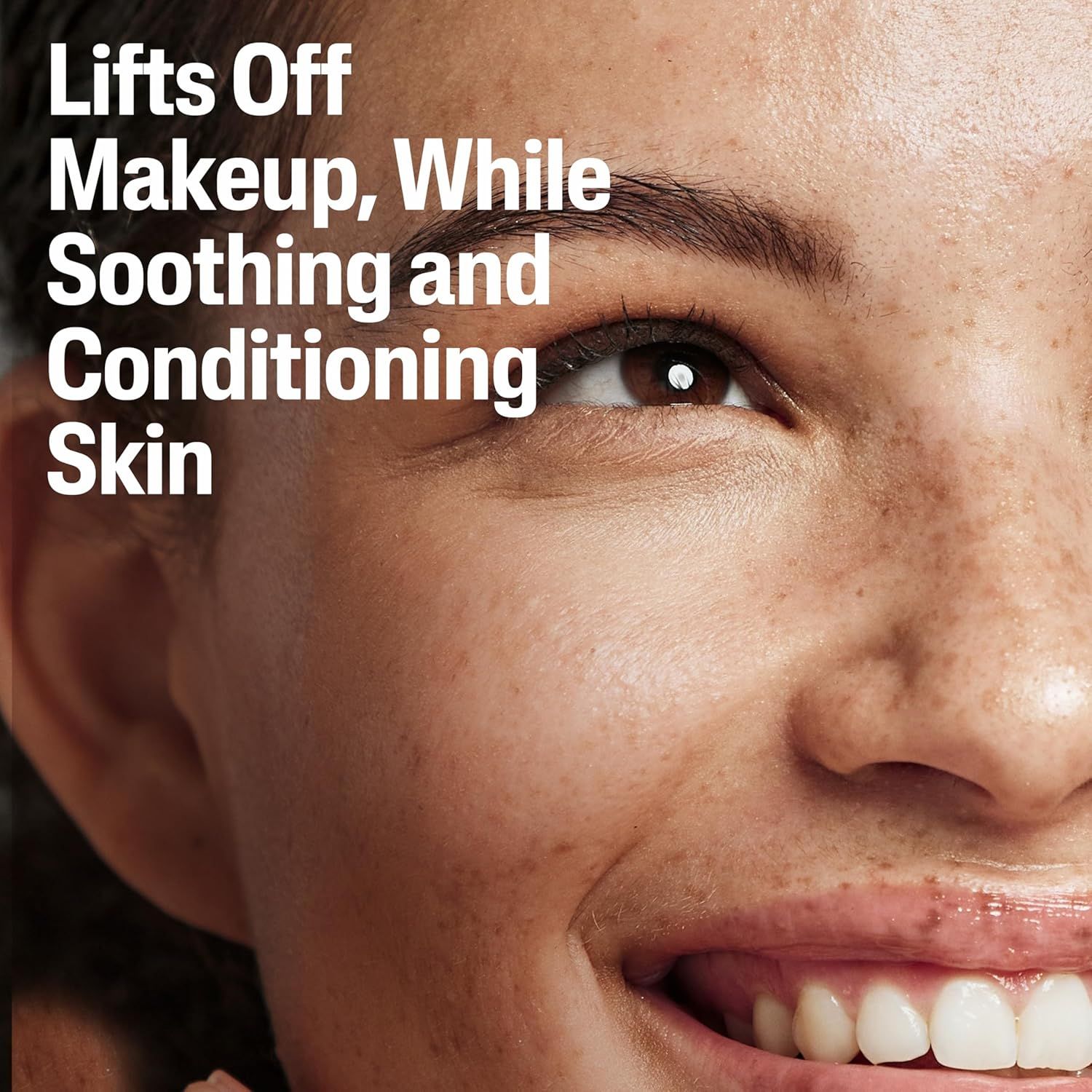 Communicates that the product effectively removes makeup while simultaneously soothing and conditioning the skin, positioning it as a gentle yet effective…