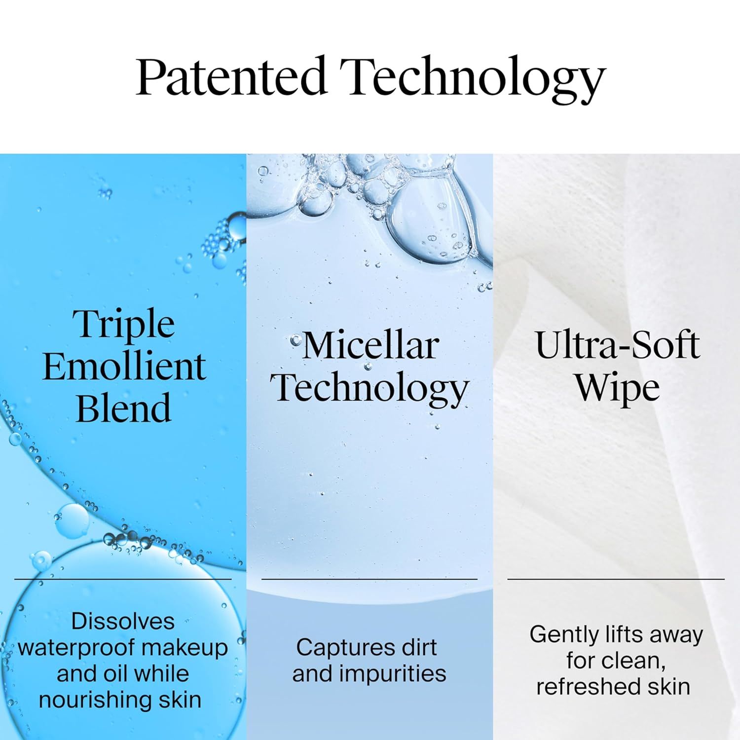 Communicates three distinct patented technologies and their benefits to demonstrate the product's comprehensive skincare approach: dissolving makeup while…
