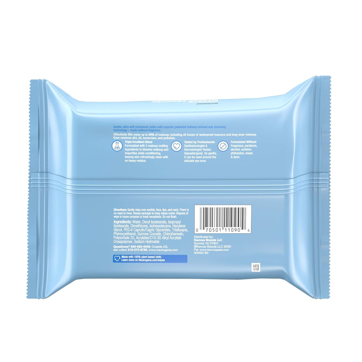 Communicates multiple key benefits of the makeup wipes including the gentle triple emollient formula, professional dermatologist testing, and clean formulation without harsh chemicals to reassure…